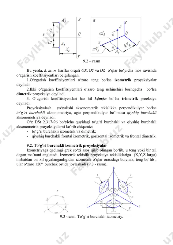 q burchakli frontal izometrik, gorizontal izometrik va frontal dimetrik. 9.2. tо‘g‘ri burchakli izometrik proyeksiyalar izometriyaga qadimgi grek sо‘zi asos qilib olingan bо‘lib, u teng yoki bir xil degan ma’noni anglatadi. izometrik tekislik proyeksiya tekisliklariga (x,y,z larga) nisbatdan bir xil qiyalanganligidan izometrik о‘qlar orasidagi burchak, teng bо‘lib , ular о‘zaro 120º burchak ostida joylashadi (9.3 - rasm). 9.3 -rasm. tо‘g‘ri burchakli izometriy. izometrik о‘qlarni amalda 9.4 -rasmda kо‘rsatilgandek reyshina uchburchaklik (30º, 60º burchakli) yordamida о‘tkaziladi. shu о‘qlarni sirkul yordamida ham о‘tkazish mumkin. 9.4-rasm 9.5 –rasm tо‘g‘ri burchakli izometrik proyeksiyalarda о‘qlar bо‘yicha qо‘yiladigan о‘lchamlar bir hilda ya’ni 0.82 marta о‘zgaradi. lekin bu xaqiqiy о‘zgarish koeffitsiyenti bо‘yicha izometrik proyeksiyani yasashda bir muncha hisoblar qilishga tо‘g‘ri keladi. shuning uchun о‘qlar bо‘yicha о‘zgarish koeffitsiyentlari a=b=c=1 deb olinadi. buni keltirilgan о‘zgarish koeffitsiyentlari deyiladi. muntazam beshburchakning izometrik proyeksiyasini quramiz (9.5- rasm). soddalashtirish maqsadida h,v,w proyeksiyalar tekisligida joylashgan beshburchak olamiz. u holda beshburchakning uchlaridan birining koordinatasi nolga teng …