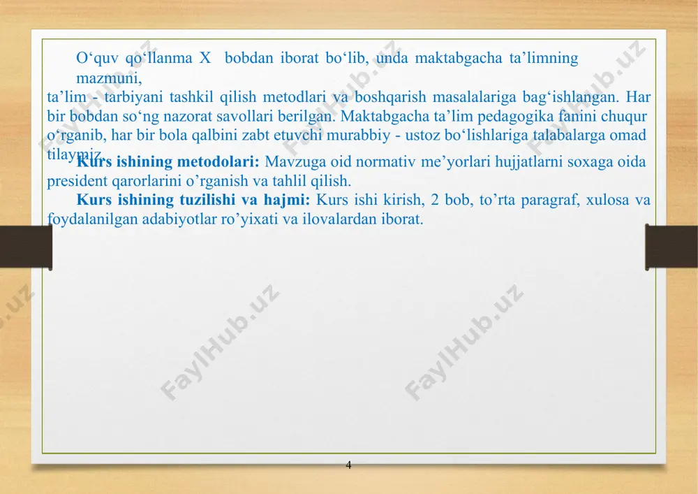kil etish. 4–bosqich.bolalarni o‘ynashga o‘rgatish (o‘yin jarayoni va boshqa narsalarni o‘yinda aks ettirish): -o‘yinchoq va uning o‘rnini bosuvchi buyumlar ta’sirini o‘rganish; -o‘yinda xayoliy tasavvurlarni aks ettirishga o‘rgatish; -o‘yinda so‘zlardan foydalanishga o‘rgatish; -o‘yinda harakatlarni hisobga olish malakalarini shakllantirish; -so‘z va harakat; -harakat va o‘yin materiali, -so‘z, harakat va o‘yin materiali o‘yinning tili hisoblanadi. 5–bosqich.o‘yinda axloqiy munosabatlarga ta’sir etish, bolalar jamoasi, xulq-atvor, madaniyat, o‘yinfaoliyatida o‘yin madaniyatini shakllantirish: -ma’lum o‘yin mavzuiga nisbatan bolalarning his-tuyqularini uyg‘otish; -bolalarga o‘yinni avvaldan rejalashtirish elementlarini o‘rgatish; -o‘yinda rol va o‘yinchoqlarni oqilona taqsimlashga o‘rgatish; -tengdoshlari bilan ahil o‘ynay olish madaniyatini tarbiyalash; -ahil jamoani shakllantirish: mustaqil o‘ynash va o‘yinni oxiriga etkazish, o‘yin jarayonidagi kelishmovchilik, bahslarni oqilona hal eta olish malakalarini tarbiyalash; 8 1.1 maktabgachata’lim tashkilotida qoidali o’yinlarning ahamiyati qoidali o’yinlarning mazmuni va qoidasi kattalar tomonidan belgilanadi. o’yin davomida bu qoidalarga amal qilinishi shart. ijodiy o’yinlarga: –syujetli-rolli o’yinlar; –sahnalashtirilgan o’yinlar; –qurish va yasashga doir o’yinlar kiradi. ijodiy o’yinlarda bolalarning tevarak-atrofdan olgan …