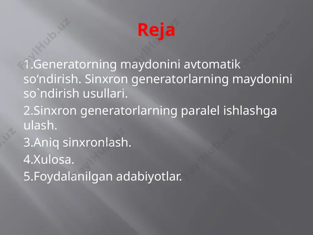 da saqlanadi. texnik ekspluatatsiya qilish qoidalariga asosan hamma generatorlar, quvvati va kuchlanishidan qat’iy nazar, uyg‘otishning releli jadallash qurilmasiga ega bo‘lishi, 3 mvt va undan ortiq quvvatli generatorlar esa (uar-( арв)) bilan jihozlanishi kerak. avariya rejimida generatorning uyg‘onishini jadallashtirish uchun mo‘ljallangan oddiy avtomatik qurilma bo‘lib, uyg‘otishning releli jadallashtirish qurilmasi hisoblanadi (2-rasmda rele u< va kontaktor кф). jadal ta’sir etish usuli shundan iboratki, generatorning qisqichlaridagi kuchlanishning ancha pasayishi (odatda nominalning 85% idan kamroq) minimal kuchlanish relesi u< da o‘z kontaktlarini tutashtiradi va jadallashtirish kontaktori кф ni ishga tushiradi, o‘z navbatida ishga tushib, uyg‘otgichning zanjiridagi shuntlash reostati шр ning qarshiligini qisqa tutashtiradi. natijada uyg‘otgichning uyg‘otish toki maksimal miqdorigacha tez ko‘payadi va generatorning uyg‘otilishi chegara qiymatigacha etadi. q generatorni jadal uyg‘otishning releli sxemasi arv ning eng ko‘p tarqalgan qurilmalaridan biri kuchlanishni korrektorlash bilan birgalikda kompaundlash qurilmasidir. sinxron generatorlar parallel ishlashi uchun aniq sinxronlash va o‘z–o‘zini sinxronlash usullari bilan ulanishi mumkin. ikkala holda ham ishlamayotgan …