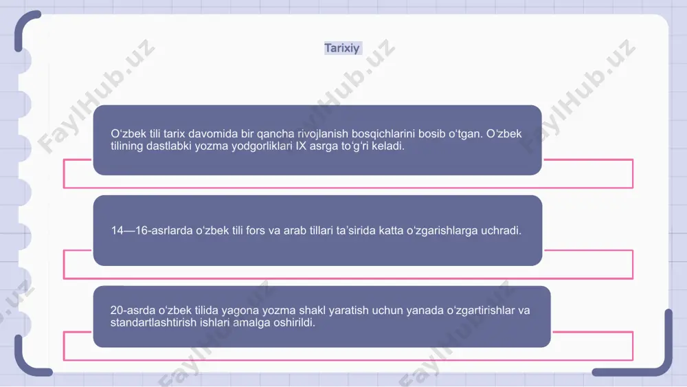 ilining ta’siri bilan tavsiflanadi. rus tili ta’sirini o‘zbek tilining lug‘at, grammatika va fonetikada ko‘rish mumkin. oʻzbek tili taraqqiyotining dastlabki bosqichlarida rus tilidan, xususan, texnika, fan, siyosat sohalarida soʻzlarni oʻzlashtira boshladi. keyingi bosqichlarda rus tilining taʼsiri kengayib, grammatik tuzilmalar va fonetik elementlarning oʻzlashtirilishi, oʻzbek tilini boyitib, oʻzbekiston va rossiya oʻrtasidagi chambarchas tarixiy bogʻliqlikni aks ettiradi. 1 2 3 til islohoti o‘zbek tilining rivojlanish bosqichlarini uchta asosiy davrga bo‘lish mumkin. birinchi davr qadimgi turkiy davr boʻlib, ix asrdan 13-asrgacha davom etgan. ikkinchi davr — 14—18-asrlargacha davom etgan chagʻatoylar davri. skriptni ishlab chiqish o‘zbek tilining rivojlanish bosqichlarini uning yozuv taraqqiyoti orqali kuzatish mumkin. dastlabki bosqichlarda oʻzbek tili arab yozuvi yordamida yozilgan. sovet davrida oʻzbekcha yozish uchun kirill yozuvi joriy qilingan. ushbu yozuv bir necha o'n yillar davomida ishlatilgan va tilga sezilarli ta'sir ko'rsatgan. so‘nggi yillarda o‘zbek tilini yozishda boshqa turkiy tillar qo‘llaydigan yozuv bo‘lgan lotin yozuvini qaytadan joriy etish harakati kuzatilmoqda. standartlashtirish jarayoni …