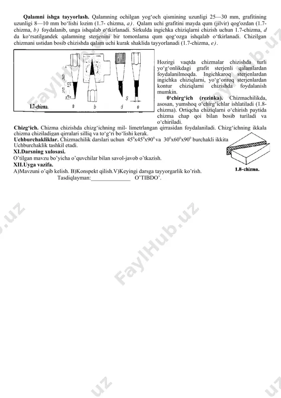 iln yutuqlarga erishilgan. masalan, mashhur olim muhammad ibn muso al- xorazmiy (783—850) yunon olimi ptolemey tomonidan bayon qilingan ba masalalarni aniq emasligini chizmalar orqali isbotlab bergan. u o‘z asarlari turli mamlakatlar, dengiz va tog‘lar, katta daryo va ko‘llarning xaritalari tasvirlagan. olimning chizgan xaritalaridan to‘rttasi bizgacha yetib kclgan. abu nasr forobiy (873—950) o‘zining geometrik yasashlarga doir asari konstruktiv geometrik masalalarni yechishni bayon etgan. ayniqsa, o‘zgarm pargar yordamida geometrik masalalar yechishni chizmalar orqali bataf bayon etgan. abu rayhon beruniy (973—1048) shar ichida besh xil muntaza ko‘pyoqliklar yasash mumkinligini chizmalar orqali isbotlab bergan. bu noriy — to‘rtyoqlik (tetraedr), orziy — oltiyoqlik (geksaedr), havoiy sakkizyoqlik (oktaedr), falakiy — o‘nikkiyoqlik (dodekaedr), moiy yigirmayoqlik (ikosaedr) lardir (1.1-chizma). chizmachilik qurollari. chizmachilik buyumlari va asboblariga gotovalniy, chizg'ich, uchburchakliklar, lekalolar, reysshina, transportirlar kiradi. chizmachilik jihozlariga chizmachilik stollari, chizmachilik taxtalari, chizmachilik mexanizmlari; chizma ashyolariga esa chizma qog'ozi, qalam, o‘chirg4ch, tush, qog‘ozqadagichlar kiradi. qalamlar va ularni ishga tayyorlash. chizmachilikda ishlatiladigan qalam- …