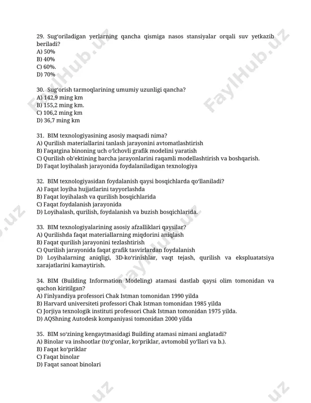 ni avtomatlashtirish b) faqatgina binoning uch o‘lchovli grafik modelini yaratish c) qurilish ob’ektining barcha jarayonlarini raqamli modellashtirish va boshqarish. d) faqat loyihalash jarayonida foydalaniladigan texnologiya 32. bim texnologiyasidan foydalanish qaysi bosqichlarda qo‘llaniladi? a) faqat loyiha hujjatlarini tayyorlashda b) faqat loyihalash va qurilish bosqichlarida c) faqat foydalanish jarayonida d) loyihalash, qurilish, foydalanish va buzish bosqichlarida. 33. bim texnologiyalarining asosiy afzalliklari qaysilar? a) qurilishda faqat materiallarning miqdorini aniqlash b) faqat qurilish jarayonini tezlashtirish c) qurilish jarayonida faqat grafik tasvirlardan foydalanish d) loyihalarning aniqligi, 3d-ko‘rinishlar, vaqt tejash, qurilish va ekspluatatsiya xarajatlarini kamaytirish. 34. bim (building information modeling) atamasi dastlab qaysi olim tomonidan va qachon kiritilgan? a) finlyandiya professori chak istman tomonidan 1990 yilda b) harvard universiteti professori chak istman tomonidan 1985 yilda c) jorjiya texnologik instituti professori chak istman tomonidan 1975 yilda. d) aqshning autodesk kompaniyasi tomonidan 2000 yilda 35. bim so‘zining kengaytmasidagi building atamasi nimani anglatadi? a) binolar va inshootlar (to‘g‘onlar, ko‘priklar, …