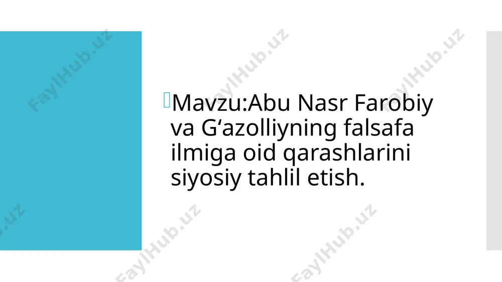 odda, yagona bir butunni tashkil etib, bir qator bosqichlar orqali bir-birlari bilan sababiy bog‘lanishdadirlar. o‘zlarining sababiy bog‘lanishlari tufayli ushbu ibtidolar ikki ko‘rinishga ajratiladilar: «vojibul vujud» - shunday narsaki, mavjudligi o‘zidan kelib chiqadi; «mumkinul vujud» - shunday narsaki, uning mavjudligi boshqa narsadan kelib chiqadi. «mumkinul vujud» o‘zining bor bo‘lishi uchun sababga ehtiyoj sezadi, va qachonki u paydo bo‘lsa, boshqa narsa tufayli, «vojibul vujud» ga aylanadi forobiyning jamiyat va axloq haqidagi qarashlari. forobiy o‘rta asr mutafakkirlaridan birinchi bo‘lib jamiyat haqidagi bir butun ta’limotni ishlab chiqdi. uning bu xizmati jahon ilmiy adabiyotida hamma tomonidan qabul qilingan. forobiy o‘z asarlarida sezilarli darajada bir qator masalalarni yoritib bergan 1. ijtimoiy fanlarning mavzu va vazifalari. 2. ijtimoiy birlashmalarning kelib chiqishi, tarkibi va ko‘rinishlari. 3. shahar-davlat, uning vazifalari va boshqaruv shakllari. 4. jamiyatda insonning o‘rni va majburiyati, ta’lim-tarbiya masalalari. 5. davlat uyushmasining vazifalari va pirovard maqsadi, umumiy baxt-saodatga erishishning yo‘llari va vositalari eʼtiboringiz uchun rahmat!!!!! /docprops/thumbnail.jpeg