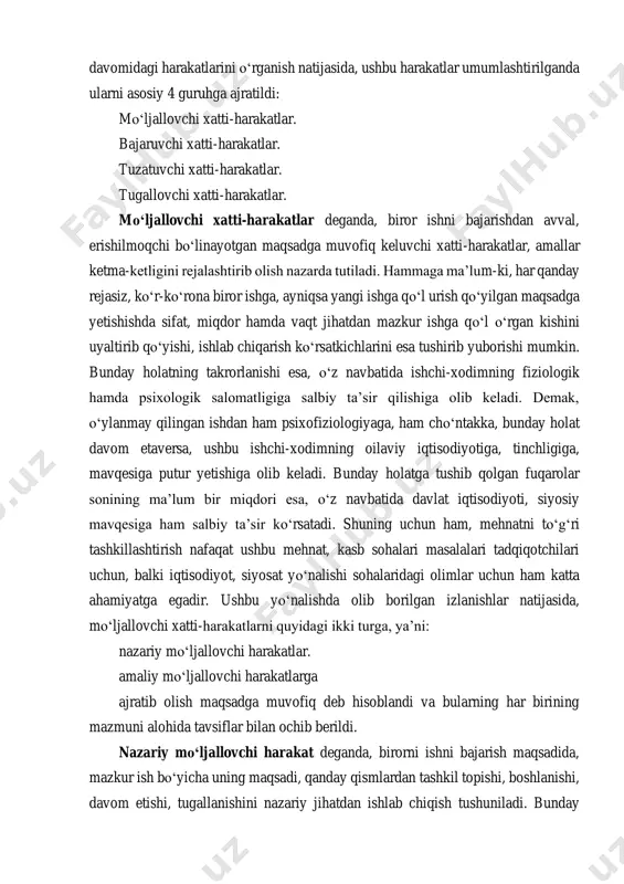 ti-harakatlar, amallar ketma-ketligini rejalashtirib olish nazarda tutiladi. hammaga ma’lum-ki, har qanday rejasiz, ko‘r-ko‘rona biror ishga, ayniqsa yangi ishga qo‘l urish qo‘yilgan maqsadga yetishishda sifat, miqdor hamda vaqt jihatdan mazkur ishga qo‘l o‘rgan kishini uyaltirib qo‘yishi, ishlab chiqarish ko‘rsatkichlarini esa tushirib yuborishi mumkin. bunday holatning takrorlanishi esa, o‘z navbatida ishchi-xodimning fiziologik hamda psixologik salomatligiga salbiy ta’sir qilishiga olib keladi. demak, o‘ylanmay qilingan ishdan ham psixofiziologiyaga, ham cho‘ntakka, bunday holat davom etaversa, ushbu ishchi-xodimning oilaviy iqtisodiyotiga, tinchligiga, mavqesiga putur yetishiga olib keladi. bunday holatga tushib qolgan fuqarolar sonining ma’lum bir miqdori esa, o‘z navbatida davlat iqtisodiyoti, siyosiy mavqesiga ham salbiy ta’sir ko‘rsatadi. shuning uchun ham, mehnatni to‘g‘ri tashkillashtirish nafaqat ushbu mehnat, kasb sohalari masalalari tadqiqotchilari uchun, balki iqtisodiyot, siyosat yo‘nalishi sohalaridagi olimlar uchun ham katta ahamiyatga egadir. ushbu yo‘nalishda olib borilgan izlanishlar natijasida, mo‘ljallovchi xatti-harakatlarni quyidagi ikki turga, ya’ni: nazariy mo‘ljallovchi harakatlar. amaliy mo‘ljallovchi harakatlarga ajratib olish maqsadga muvofiq deb hisoblandi va …