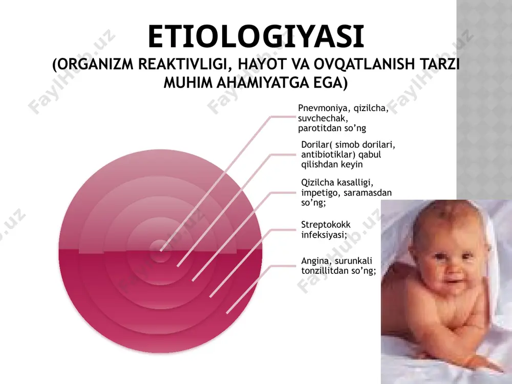 keskin oshishi disproteinemiya yuzaga kelishi eritrotsituriya keskin oshishi immun ko’rsatkichlar o’zgarishi remissiy a proteinuriya erit.uriya kamay.i ab me’yorga kelishi qonda anemiya echt oshishi biokimyoviy kreatin siydik kis.a oshishi gipoproteinemiya gipoalbuminemiya giperxoleste.ya siydikda proteinuriya go’sht yuvindi silindr gialin donodor erit.r epithelial huj.a osh tuz suv oqsil parxez asosiy prednizalon geparin diuretik furasemid uregit pielonefrit – buyrakning interstitsial to’qimasi, buyrak jomi va kosachalarining nospesifik infeksion yallig’lanish kasalligidir. infeksiyalar: -e. coli (75%) -proteus mirabilis -enterococcus -enterobacterius -candida klabsiella -staphylococcus aureus (yiringli) etiologiyasi infeksiya buyrak jomi va kosachalariga quyidagi yo’llar orqali kiradi: 1. gematogen 2. limfogen 3. urogen buyrak gemadinamikasini buzilishi hamda renin sekretsiyasining ortishiga olib keladi. patogenezi -serozli, yiringli, yiringli mezanximal reaksiyalar -o’choqli infeksion yallig’lanish jarayonlari -limfogistotsitar infiltratsiya -buyrak bujmayib o’lchami kichrayadi patomorfologiyasi lokalizatsiyasiga ko’ra: - bir tomonlama - ikki tomonlama klinik kechishiga ko’ra: - o’tkir - surunkali formasiga ko’ra: - obstruktiv - noobstruktiv tasniflanishi: o’tkir piyelonefrit umumiy simptomlar: -intoksikatsiya belgilari mahalliy simptomlar: …