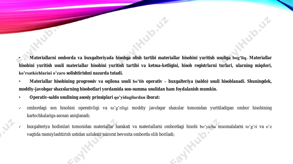 o’tkazilmagan bo’lsa, yillik buxgalteriya hisobotini tuzishdan oldin; ✓ moddiy-javobgar shaxslar almashilganda va tabiiy ofatlar ro’y berganda; ✓ buxgalteriya va ombor hisobi orasida farq vujudga kelganda; ✓ o’g’irlik yoki xiyonatkorlik aniqlanganda, shuningdek, qiymatliklar nobud bo’lganda – shu faktlarning aniqlanishi bo’yicha darhol; ✓ tovar-material qiymatliklar qaytadan baholanganda; ✓ korxona tugatilganda yoki qaytadan tashkil etilganda. • pul mablag’lari, pul hujjatlari, qat’iy hisobot blankalari bir oyda bir marta inventarizatsiya qilinadi, yonilg’i-moylash materiallari, oziq- ovqat mahsulotlari – har chorakda qimmatbaho metallar -tarmoq yo’riqnomalariga binoan. • inventarizatsiya jarayonida quyidagilar tekshiriladi: tovar-material qiymatliklarning butligi; ularning to’g’ri saqlanishi, jo’natilishi, tarozi va o’lchov instrumentlarini holati; material qiymatliklar harakati va qoldig’ini hisobga olish tartibi. • tekshirish hajmi bo’yicha yoppasiga va tanlab, oralatib tekshirish, vaqti bo’yicha esa – rejali va to’satdan tekshirishga bo’linadi. inventarizatsiyani korxona rahbari tashkil qiladi va boshqaradi. inventarizatsiya o’tkazish ishini korxona rahbarining buyrug’i bilan tayinlanadigan komissiya bajaradi. • inventarizatsiya o’tkazish vaqtiga buxgalteriya tomonidan omborlar bo’yicha buxgalteriya hisobidagi qoldiqni …