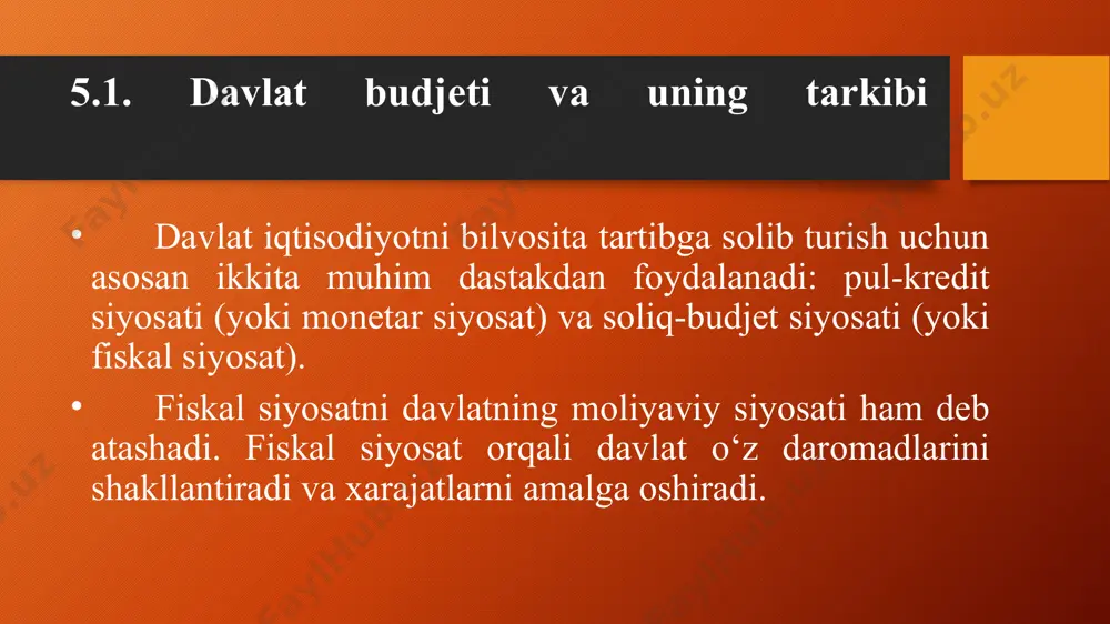 ko‘maklashish fondi, yo‘l fondi) bilan birgalikda yaim ga nisbatan 30,9% ni tashkil etdi. mdh davlatlarida 10 yil mobaynidagi iqtisodiy o‘zgarishlar va bozor munosabatlariga o‘tish jarayonida iqtisodiyotni davlat tomonidan boshqarishda bozor instrumentlaridan foydalanish bo‘yicha ma’lum tajriba orttirildi. bozor munosabatlariga o‘tish hamdo‘stlik davlatlarvdan o‘z mustaqil soliq tizimiga ega bo‘lishni talab etdi. soliq tizimini yaratish zaruriyati hamda bunda davlatlarning tajribasizligi natijasida bu tizimlar amalda eksperiment va kamchiliklar orqali yaratildi. ko‘p hollarda milliy iqtisodiyotga chet el soliq tizimining elementlarini mexanik ravishda kiritish ham kuzatildi. bozor munosabatlariga o‘tish hali yakunlanmagan va tuzilmaviy o‘zgarishlar jarayonlari davom etayotgan paytda bu mamlakatlarda soliq tizimlarini shakllanib bo‘lgan deyishga hali vaqt bor. diskretsion va nodiskretsion fiskal siyosat davlat tomonidan amalga oshiriladigan fiskal siyosat odatda ikki yo‘nalishda bo‘ladi: diskretsion fiskal siyosat va nodiskretsion fiskal siyosat. diskretsion fiskal siyosatda hukumatning maxsus qarorlari natijasida davlat xarajatlari, soliqlar va davlat budjeti qoldig‘i miqdorining maqsadli o‘zgarishi amalga oshiriladi. bu qarorlar iqtisodiyotdagi bandlik darajasi, ishlab chiqarish …