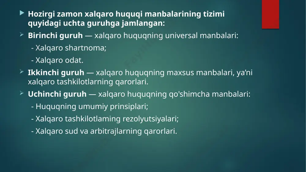 ining dalili bo‘lib xizmat qiladi. xalqaro huquq nazariyasida xalqaro-huquqiy odat deganda, xalqaro amaliyotda shakllanib ulgurgan va xalqaro huquq subyektlari tomoni­dan yuridik majburiy ekanligi tan olingan yurish-turish qoidasi tushuni­ladi. xalqaro odat aynan davlatlar amaliyoti natijasida tashkil topadi, bunda u huquqiy norma sifatida tan olinishi orqali xalqaro-huquqiy odat normasi, degan mazmun kasb etadi. xalqaro-huquqiy normalar yaratishning shartnomaviy shaklidan farqli o'laroq, xalqaro-huquqiy odat tegishli qoidalar shakliga mos holda aniq ifoda etilgan yuridik hujjat sifatida namoyon bo'lmaydi. u xalqaro hu­quqning barcha yoki ayrim subyektlari o'rtasida takrorlanadigan xalqaro harakatlar samarasi o'laroq, yuzaga keladi va aniq shaklga ega normadan ko'ra muayyan xulq timsolida ko'proq namoyon bo'ladi. odat normalari o'zlarining xalqaro shartnomalarda mustahkamlab qo'yilishi orqali shartnoma huquqi normalariga aylanadi. bunda ular ko'pincha shartnomaviy yo'l bilan bekor qilinadi, o'zgartiriladi yoki rivojlantiriladi. bundan tashqari, shartnoma normasi, agar u hamma tomonidan e’tirof etilib, odat huquqining umum tan olingan normasiga aylansa, tegishli shartnomada ishtirok etmayotgan davlatlar uchun ham odat sifatida namoyon …