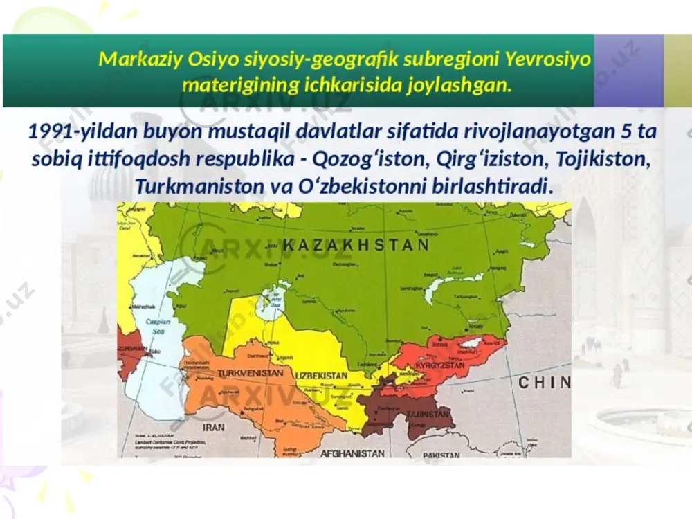 malga oshirishdagi mustaqillik). 3. maxsus boshqaruv va majburlov apparatining mavjudligi. 4. huquq tizimining mavjudligi. 5. soliq tizimiga egaligi. salkam uch ming yillik tarixga ega bo`lgan o`zbek xalqi davlatchiliginig shakllanishi va rivojlanishi davrlarga bo‘linib, u quyidagilardan iborat: 1. o’zbekiston davlatchilikka o`tish davri (mil.avv. ii ming yillikning o`rtalari va ikkinchi yarmi): 2. ilk davlat uyushmlari (mil. avv. i ming yillikning birinchi yarmi): 3.qadim davr davlatchiligi tarixi (mil.avv. iv asr oxiri milodiy iv asr): 4. ilk o`rta asr davlatchiligi tarixi ( v-viii asr o`rtalarigacha): 5. rivojlangan o`rta asrlar davlatchiligi (ix-xiii asr boshlari): 6. amir temur va temuriylar davlati (xiv asr ikkinchi yarmi-xvi asr boshlari): 7. xvi-xix asr birinchi yarmi davlatchiligi tarixi: 8. o’zbekiston xix asr ikiknchi yarmi va xx asr mustamlakachiligi davrida: 9. mutaqil o’zbekiston davlatchiligi bir necha ming yillik o`zbek davlatchiligining davomi va vorisi sifatida. tabiiyki, o`zbek davlatchiligi tarixidagi bu davrlar bir qator bosqichlarga bo`lib o`rganiladi. o‘lkamiz hududlarida dastlabki shahar madaniyatining shakllanishi …