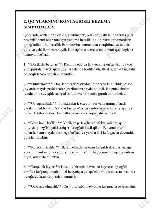 da tajribali patologlar tomonidan o'tkaziladi va boshqa kasalliklardan ajratishga imkon beradi. serologik usullar orqali ham diagnostika o'tkazilishi mumkin, masalan, elisa testi orqali qon zardobida antikora mavjudligiga test o'tkaziladi. ushbu usul virus bilan kasallanganlikni ko'rsatish imkonini beradi, ammo u har doim ham yuqori sezgirlikka ega emas. kasallikning tarqalishini tushunish va uning oldini olish uchun epizootologik tekshirishlar ham o'tkazilishi mumkin. bu qo'ylar o'rtasida kasallikning qaysi omillar ta'sirida tarqalishini aniqlashga yordam beradi. epizootologik tadqiqotlar orqali kasallik o'choqlarini aniqlash va ularni samarali nazorat qilish yo'llarini izlash mumkin. qo'ylarning kontagiozli ekzemasi, odatda, bevosita aloqada va atrof-muhit orqali yuqadi, ayniqsa, zararlangan materiallar (masalan, pichan, oziq-ovqat qoldiqlari, va hokazo) bilan. shuning uchun kasallikka chalingan hayvonlarni izolyatsiyalash va dezinfeksiya choralarini ko'rish juda muhim hisoblanadi. shuningdek, virusni aniqlashi osonroq va samaraliroq qilish uchun yana bir qator gen va sekvenslash texnologiyalaridan ham foydalanish imkoniyati mavjud. bularning barchasi kasallikning notanish tarqalish shakllari va potentsial mutatsiyalangan shakllarini tushunish uchun foydalidir. diagnostikaning to'g'ri …