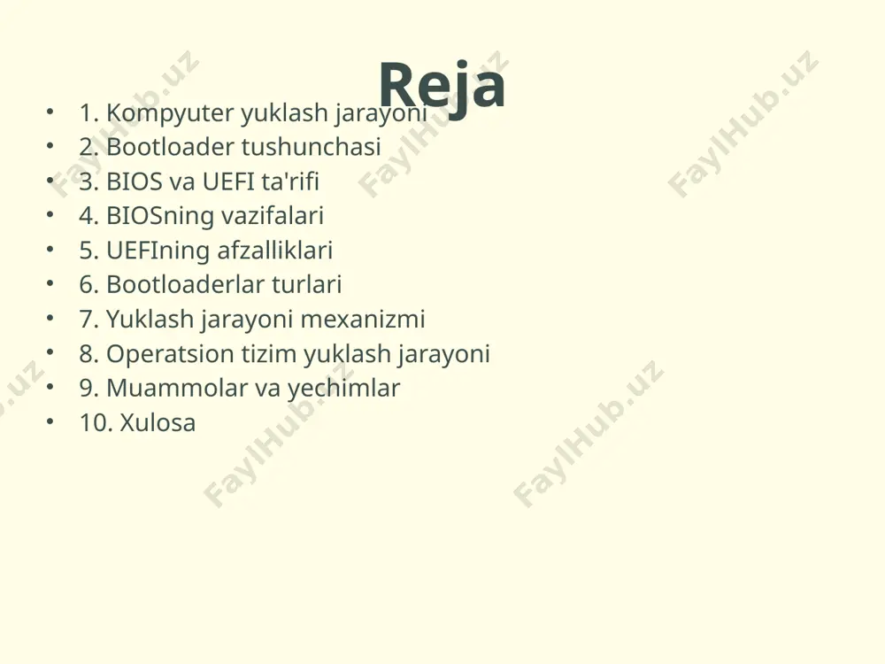 hun bootloader va operatsion tizim o'rtasidagi uzviylik ta'minlanishi zarurdir. muammolar va yechimlar kompyuter yuklash jarayonida bir qancha muammolar yuzaga kelishi mumkin. masalan, zararli kodlar yoki noto'g'ri konfiguratsiyalar operatsion tizimning yuklanishida xatoliklar keltirib chiqarishi mumkin. bunday hollarda, muammolarni aniqlash va yechimlar izlash lozim. kompyuter texnikasini tiklash va yangi bootloader o'rnatish kabi yechimlar yordamida yuklash jarayonidagi muammolar bartaraf etilishi mumkin. xulosa kompyuter yuklash jarayoni va bootloaderlar, zamonaviy texnologiyalarda muhim o'rin egallaydi. bios va uefi orqali apparat komponentlari tekshiriladi va operatsion tizim yuklanadi. bootloader tizimlarning osongina yuklanish imkoniyatini taqdim etadi va zaruriy dasturlarni ishlatish uchun zarur muhitni yarataydi. ushbu jarayonlarni yaxshi tushunish, kompyuter ishlashini yanada samarali qilish imkonini beradi. fanlararo ta’sir kompyuter yuklash jarayoni fanlararo integratsiyani ko'rsatadi. kutubxonalar, dasturlash tillari va apparat bilimi birgalikda ishlaydi. kompyuter fanlari dasturlash va elektrotexnika bilan bog'liq bo'lib, bu bilimlarni birlashtirish orqali zamonaviy tizimlarni yaratishda muhim ahamiyatga ega. yuklash jarayoni haqida chuqur bilimga ega bo'lish uchun, bularning barchasini …