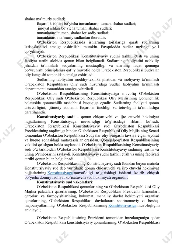 kinliklariga tajovuzlardan sud himoyasida bo‘lish huquqiga ega. yuridik shaxslar ham sud himoyasida bo‘lish huquqiga egadir. odil sudlovni amalga oshirishda malakali yuridik yordam – odil sudlovni amalga oshirishda har bir kishiga malakali yuridik yordam olish huquqi kafolatlanadi. gumon qilinuvchi, ayblanuvchi, sudlanuvchiga sud ishlarini yuritishning har qanday bosqichida himoyalanish huquqi ta’minlanadi. qonunda belgilangan hollarda davlat bepul malakali yuridik yordam ko‘rsatilishini ta’minlaydi. aybsizlik prezumpsiyasi – ayblanuvchi, uning aybi qonunda nazarda tutilgan tartibda isbotlanmagunga va sudning qonuniy kuchga kirgan hukmi bilan aniqlanmagunga qadar, aybsiz hisoblanadi. hech kim sud qaroriga asoslanmagan holda qamoqqa olinishi mumkin emas. hech kim qiynoqqa solinishi, zo‘ravonlikka, shafqatsiz yoki inson sha’ni va qadr qimmatini kamsituvchi boshqa tarzdagi tazyiqqa duchor etilishi mumkin emas. sud hujjati ustidan shikoyat qilish huquqi – taraflar, qonunda nazarda tutilgan hollarda esa boshqa shaxslar ham sud hujjati ustidan qonunda belgilangan tartibda shikoyat qilish huquqiga ega. 2. sud organlarining tizimi va tuzilishi. o‘zbekiston respublikasi konstitutsiyasining 107-moddasi hamda o‘zbekiston respublikasining …