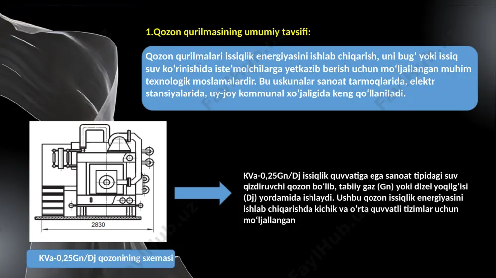 m va ekologik kichik obyektlar bug‘ qozoni yuqori harorat va bosimli bug‘ ishlab chiqaradi issiqlik elektr stansiyalari suv isituvchi qozon suvni 60–110°c gacha qizdiradi isitish tizimlari qozonlarning turlari: qisqacha xulosa: qozon qurilmalari issiqlik energiyasi ishlab chiqarishda muhim rol o‘ynaydi. ularning turlari — gaz, ko‘mir, elektr va biomassa qozonlari — har biri turli sharoit va ehtiyojlarga mos keladi. tanlovda samaradorlik, yoqilg‘i narxi, ekologik xavfsizlik va texnik xizmat ko‘rsatish qulayligi asosiy omillar bo‘lib xizmat qiladi. to‘g‘ri tanlangan qozon nafaqat energiya tejaydi, balki uzoq muddatli, xavfsiz va barqaror ishlashni ta’minlaydi. foydalanilgan adabiyotlar: g.n. belyaev, "teploenergetika asoslari" – issiqlik elektr stansiyalarida ekonomayzerlarning ishlash prinsipi va samaradorligi haqida ma’lumotlar. a.v. nekrasov, "qozon qurilmalari va issiqlik almashinuv tizimlari" – qozon qurilmalaridagi ekonomayzerlarning ishlashi va ularning texnologik jarayonlardagi o‘rni haqida tavsif. tursunov a., "energetika tizimlari va issiqlik ta’minoti" – issiqlik elektr stansiyalarida energiya samaradorligini oshirish usullari, shu jumladan ekonomayzerlardan foydalanish. v.a. anufriev, "elektr stansiyalari va issiqlik texnikasi" …