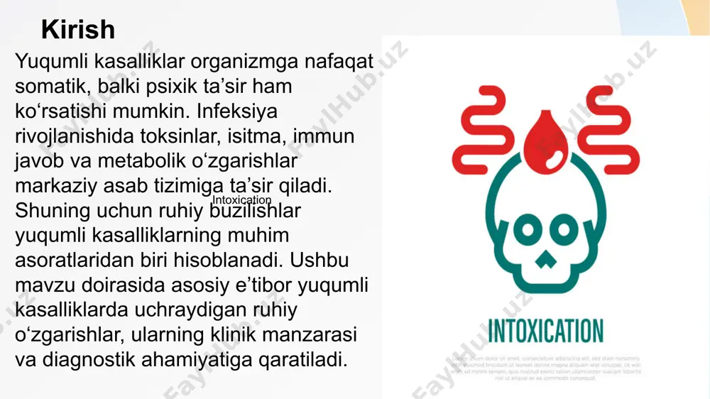 siyalarda esa astenik sindrom, kognitiv sekinlashish, demensiyaga o‘xshash belgilar kuzatiladi. muhim yuqumli kasalliklar fonida psixik o‘zgarishlar ko‘plab yuqumli kasalliklar ruhiy buzilishlar bilan namoyon bo‘ladi. masalan, tif va paratifda – deliriy va hallutsinatsiyalar; grippda – astenik-depressiv sindrom; sil va oiv infeksiyasida – surunkali apatiya va kognitiv buzilishlar. ensefalit va meningitda esa psixoz va ongning keskin buzilishi kuzatiladi. ushbu belgilar kasallik og‘irligini baholashda, shuningdek, differensial diagnostikada katta ahamiyatga ega. deliriy va yuqumli kasalliklar deliriy – bu ongning o‘tkir buzilishi bo‘lib, yuqumli kasalliklarda eng ko‘p uchraydi. bemor bezovta, diqqat tarqoq, nutqi chalkash bo‘ladi. ko‘pincha hallutsinatsiyalar va aldanishlar kuzatiladi. deliriy tif, sepsis, gripp, meningit va ensefalitda rivojlanishi mumkin. patogenezi intoksikatsiya, gipoksiya va miya qon aylanishining buzilishi bilan bog‘liq. deliriy – nevrologik hamda psixiatriya shoshilinch holati bo‘lib, tezkor tashxis va davo talab qiladi. deliriy kelib chiqishi sabablari.mnemonik usul depressiv sindromlar ko‘plab yuqumli kasalliklarda, ayniqsa surunkali kechuvchilarda depressiv sindromlar uchraydi. bemor o‘zini charchagan, ishtaha va uyqusi …