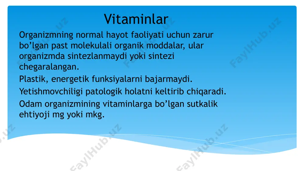ishlari gipo- va avitaminozlarga olib keluvchi sabablar sabablar 2 xil bo’ladi: tashqi sabablar va ichki sabablar tashqi sabablar ijtimoiy sabab ovqat sifati ovqat tarkibidagi vitamin miqdori ma’lum bir vitaminga bo’lgan ehtiyojni hisobga olmaslik ichki sabablar: fizologik ehtiyojni ortishi. masalan: homiladorlik, laktatsiya vaqtida, og’ir mehnat faoliyati vaqtida transportning buzilishi vitaminlar so’rilishining buzilishi, oit kasalliklarida, masalan o’t-tosh kasalliklarida yog’da eruvchi vitaminlar so’rilmaydi ba’zi bir ferment sistemalari genetik nuqsonlarida, masalan: vitamin d rezistent raxit-1-gidroksilaza fermentini genetik nuqsoni kofermentlar hosil bo’lishining buzilishi dizbakteriozda. ba’zi vitaminlar ichak mikloflorasi orqali sintezlanadi( b3, b6, b12, k) vitaminlar parchalanishining ortib ketishi uzoq va og’ir infeksion kasalliklarda, xastalikdan tuzalish davrida gipovitaminoz olib keladi: eritrotsitlarning perekis gemolizga moyilligiga; urugdonlar atrofiyasi; ҳomiladorlikda homilaning sоrilishi; mushak distrofiyasi; jigar nekrozi; miya qismlarining, ayniqsa miyacha, yumshashi. gipovitaminoz olib keladi: bolalarda raxit; kattalarda osteoporoz. gipervitaminoz: suyak demineralizatsiyasi va ularning sinishi, ichki a’zolar kalsifikatsiyasi. normal balanisli ovqatlanish organizimno barcha kerakli vitaminlar va minerllar bilan taminlaydi.! foydalanilgan …