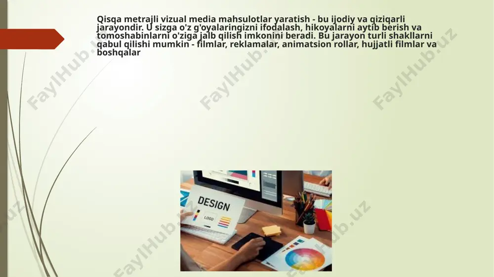 san'at, reklama, hujjatli film, va boshqalar. * filmlar: hikoyalar, hujjatli filmlar, animatsion filmlar, qisqa metrajli filmlar. * televizion dasturlar: yangiliklar, seriallar, film, hujjatli dasturlar, o'yin-kulgi dasturlari. * reklama roliklari: mahsulotlar va xizmatlarni reklama qilish. * videokliplar: musiqa uchun suratga olingan videolar. * kompyuter o'yinlari: turli janrlardagi o'yinlar. * vebe saytlar: ma'lumot, xizmatlar, savdo va boshqalarni taklif etadigan vebe saytlar. * mobil ilovalar: turli xil vazifalarni bajaradigan mobil ilovalar. * grafikalar: logotip, banner, illustratsiyalar, plakatlar, va boshqalar. 4. interaktiv media mahsulotlari: * vebe saytlar: foydalanuvchilar bilan interaktiv bo'lgan vebe saytlar. * mobil ilovalar: foydalanuvchilar bilan interaktiv bo'lgan mobil ilovalar. * kompyuter o'yinlari: foydalanuvchilar bilan interaktiv bo'lgan kompyuter o'yinlari. * ijtimoiy media: facebook, instagram, twitter, va boshqalar. 5. boshqa media turlari: * virtual haqiqat: 3d muhitlar, 3d o'yinlar, va boshqalar. * augmentlangan haqiqat: real dunyoni virtual ob'ektlar bilan to'ldiradi. * hologramalar: 3d tasvirlarni yaratadi. xulosa qisqa metrajli vizual media mahsulotlari yaratish - …