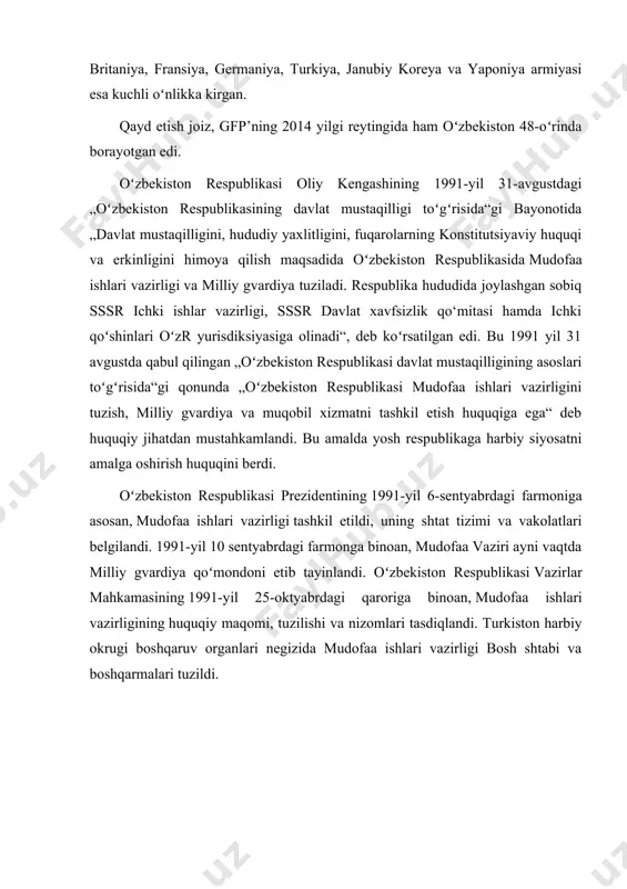harbiy xizmat toʻgʻrisida“ hamda „muqobil xizmat toʻgʻrisida“gi qonunlari qabul qilindi. · 1993-yilning 22-noyabrda „oʻzbekiston respublikasi qurolli kuchlari harbiy qismining jangovar bayrogʻi toʻgʻrisida“gi prezident farmoni imzolanib, qurolli kuchlar jangovar bayrogʻining yagona namunasi belgilandi. oʻzr oliy kengashining 1993 yil 29 dekabrdagi oʻzbekiston respublikasining „vatan himoyachilari kunini belgilash toʻgʻrisida“gi qonuniga binoan, 14 yanvar — vatan himoyachilari kuni, deb eʼlon qilindi. · 1995-yil avgustida qabul qilingan oʻzr harbiy doktrinasi mamlakatning harbiy sohadagi siyosatini belgilab berdi. mintaqadagi harbiy siyosiy vaziyatdan kelib chiqqan hodda 2000-yil 3 fevral kuni oʻzbekiston respublikasining mudofaa doktrinasi qabul qilindi. tarkibiy qismlari: oʻzbekiston respublikasi qurolli kuchlari tarkibiga quruqlikdagi qoʻshinlar, havo hujumidan mudofaa qoʻshinlari va harbiy havo kuchlari, maxsus qoʻshinlar, chegara va ichki qoʻshinlar, milliy xavfsizlik, favqulodda vaziyatlar vazirligi va boshqa vazirliklar va muassasalarga qarashli harbiy boʻlimlar kiradi. oʻzbekiston respublikasi qurolli kuchlarining mxx, chegara qoʻshinlari va ichki ishlar vazirligi qoʻshilarining vazifalari. 1. quruqlikdagi qo’shinlar qurolli kuchlarning eng ko’p sonli xillaridan biri bo’lib, boshqa …