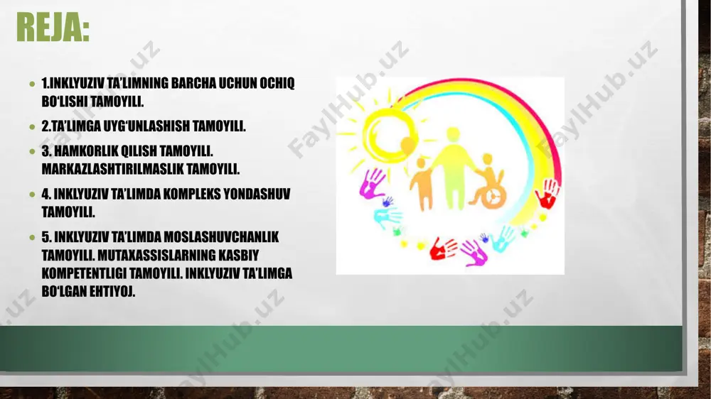 gungi kunga qadar ularni hayotga joriy qilish borasida ko’plab muammolar mavjud. ba’zi davlatlarda esa umumiy ta’lim borasida qonun yoki qarorlar qabul qilinganda nogiron bolalarning ta’lim masalasi unga kiritilmaydi. ammo inklyuziv ta’limni tan olish faqatgina qonun chiqarish bilangina bog’liq bo’lmaydi. diskriminatsiya odamlarni ajratish va ijtimoiy noto‘g‘ri fikrlashga qarshi kurashish eng muhim narsadir. ya’ni inklyuziv ta’limni e’tirof etgan holda, aholi o’rtasida targ’ibot tashviqot ishlarini olib borish eng birinchi galdagi masaladir. inklyuziv ta’limning barcha uchun ochiq bo’lishi tamoyili. 2)inklyuziv ta’limning barcha uchun ochiq bo’lishi tamoyili. o‘tgan o‘ttiz bir yil davomida maxsus ehtiyojli bolalarni umumta’lim muassasalari tizimida o’qitish borasida sezilarli ishlar amalga oshirildi. ammo inklyuziv ta’lim tizimida joriy qilish asosan shaharlar miqyosida bo’lib qishloqlardagi hududlarda hali-hamon maxsus ehtiyojli bolalar ta’limdan chetda qolib ketmoqda yoki qishloqlardagi ota onalar nogiron farzandini shaharlardagi maxsus muassasalarga qatnashlarini ta’minlash uchun qiyinchiliklarga duch kelmoqdalar. shuning uchun ham maxsus ehtiyojli bolalarni inklyuziv ta’limga jalb etish barcha hududlarda barcha maxsus ehtiyojli bolalarni …
