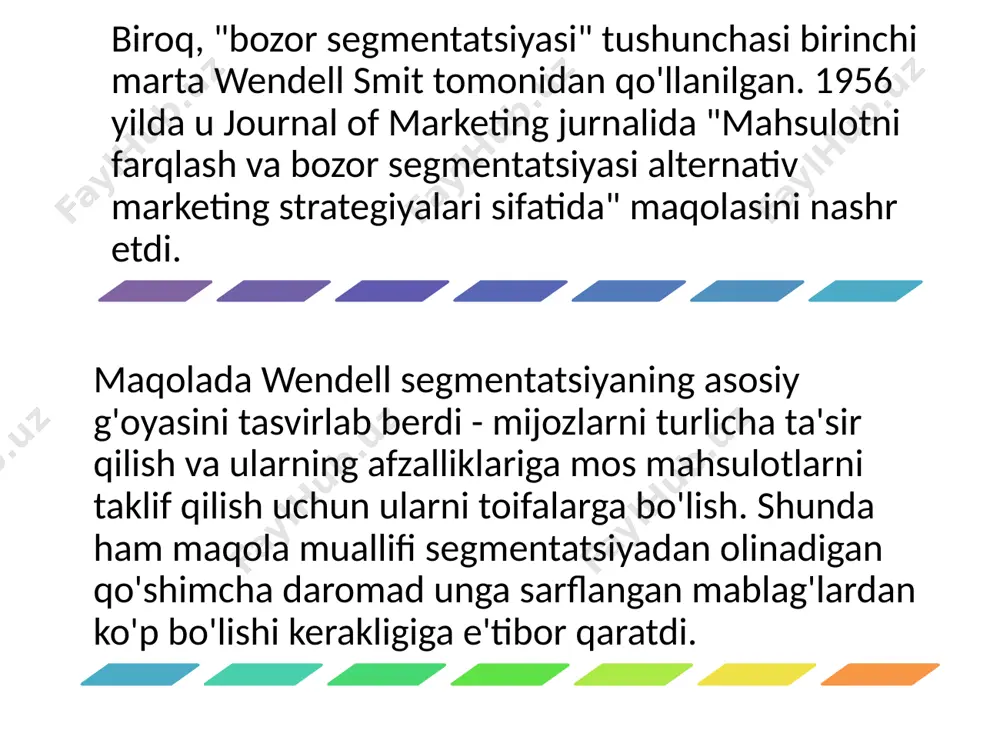 r. misol uchun, innovatorlar bozorda o'xshashi bo'lmagan yangi mahsulotni sinab ko'rish ehtimoli yuqori. ammo izdoshlar buni keyinroq qilishadi. b2b sektoridagi bozor segmentatsiyasi shunga o'xshash mezonlarga asoslanadi: geografik joylashuv, sanoat turi, xodimlar soni va tarkibi, kompaniyaning hayot aylanish bosqichi, xarid qilish hajmi va usuli. b2b holatida siz ushbu segmentatsiya opsiyasidan foydalanishingiz mumkin: biz mahsulot yoki xizmatingiz bo'yicha qaror qabul qiladigan odamlarni alohida segmentga ajratamiz. katta kompaniyada bu, masalan, bo'lim direktori bo'ladi va kichik va o'rta biznesda yakuniy qarorlar, ehtimol, ta'sischi tomonidan qabul qilinadi. segmentatsiya bosqichlari to'g'ri tuzilgan segment: bir hil - guruh ichidagi iste'molchilar o'xshash xususiyatlarga ega va marketing aralashmasiga o'xshash javob beradi; barqaror - ikki yildan uch yilgacha o'zgarmaydi; kompaniya uchun ochiq - kompaniya mahsulot ishlab chiqarishi va bozorda sotishi va potentsial mijozlarga ma'lumot etkazishi mumkin. segmentatsiya jarayoni besh bosqichga bo'linadi ma'lumotlar to'plami. mavjud manbalardan mijozlar ma'lumotlarini to'plang. yandex va google analytics ma'lumotlari, ijtimoiy tarmoqlar, savdo bo'limi ma'lumotlari, raqobatchilarning reklamasi …