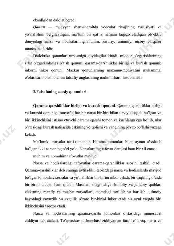 yatlar hamma vaqt ham to’qnashuv bilan tugamay, balki alohida sharoitdagina shunday holda bo’lishi mumkin. mana shu real munosabatlar qarama-qarshiliklar birligi va kurashi qonunida aks ettiriladi. hamma narsa va hodisalar ichki ziddiyatlarga va bir-biriga qarama-qarshi bo’lgan tomonlarga ega. quyosh sistemasi ham qarama-qarshiliklar birligining murakkab namunalaridan hisoblanadi. sayyoralar sistemasining markazi hisoblangan quyosh bilan boshqa sayyoralar o’rtasida shunday aloqadorlik mavjudki, bu aloqadorlik markazga intiluvchi tortishish kuchi va markazdan qochuvchi-itariluvchi kuchlar ta’sirida yuzaga keladi. shu qarama-qarshi kuchlar o’rtasidagi kurash quyosh sistemasining yashashi va rivojlanishining asosiy qonuniyatlarini belgilaydi. agar atomni olsak, bir atom moddasi ham, avvalo, musbat va manfiy elektr zaryadlari, proton va elektron kabi murakkab qarama-qarshi tomonlarning yig’indisidir. atom yadrosining o’zida tortilish va itarilish kabi qarama-qarshi kuchlar mavjuddir. organik dunyodagi rivojlanishni ham qarama-qarshiliklar kurashisiz tasavvur qilish qiyin. hayotning o’zi shunday zid, qarama-qarshi jarayondirki, unda yaratilish va yemirilish, assimilyatsiya va dissimilyatsiya kabi qarama-qarshi munosabatda bo’lgan tomonlar mavjud. organizm yashab turgan vaqtda uning hujayralari to’xtovsiz o’lib, …