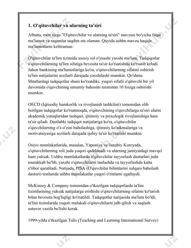 da 100 dan ortiq oliy ta'lim muassasalari faoliyat yuritadi, ular orasida davlat universitetlari, xususiy institutlar va xalqaro filiallar mavjud. 2. **o'rta ta'lim muassasalari soni**: o'zbekistonda 9 mingdan ortiq umumiy o'rta ta'lim maktablari mavjud bo'lib, ular 5 milliondan ziyod o'quvchini qamrab oladi. 3. **kasb-hunar kollejlari va texnikumlari**: o'zbekistonda 2020 yilga kelib 1 700ga yaqin kasb-hunar kollejlari va texnikumlar faoliyat ko'rsatmoqda, bu esa yildan-yilga ortib borayotgan bo'lsa, o'quvchilar soni ham ortmoqda. 4. **raqamlashtirish darajasi**: 2023 yilgi ma'lumotlarga ko'ra, o'zbekistondagi maktablarning 70 foizidan ortig'i internetga ulangan. shuningdek, ta'lim platformalari orqali o'quv jarayonlarini qo'llab-quvvatlash ko’paygan. 5. **kutubxonalar va laboratoriyalar mavjudligi**: oliy ta'lim muassasalarining aksariyatida zamonaviy kutubxonalar, laboratoriyalar, ilmiy-tadqiqot markazlari mavjud bo'lib, ular talabalarning ilmiy izlanishlarini amaliyotda qo'llash imkonini beradi. 6. **sport inshootlari**: ko'plab ta'lim muassasalarida jismoniy tarbiya va sport inshootlari, sport zallari, stadionlar mavjud bo'lib, ular talabalar sog'lig'ini mustahkamlashga xizmat qiladi. 7. **infratuzilma manfaatdorlik darajasi**: o'zbekiston respublikasi ta'lim muassasalarining infrastruktura loyihalarining 2022-2026 yillarga mo'ljallangan …