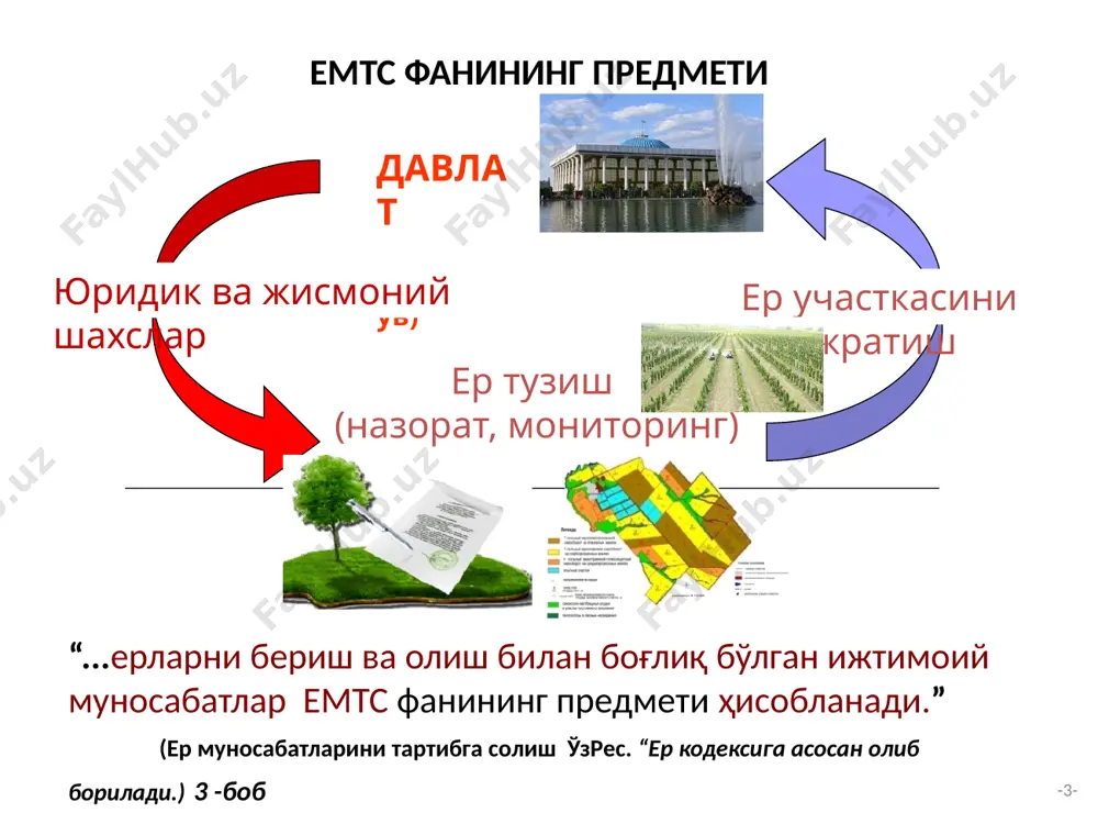 илиши, давлат ер кадастрини юритилиши, ердан фойдаланиш ва муҳофаза қилишда давлат назоратини юритилиши бўйича ва республика аҳамиятидаги ерларнинг ҳуқуқий режимини аниқлаш бўйича мажбурий қонунчиликни ўрнатиш; . 3.ер муносабатларини тартибга солиш ер тоифаси, унинг ҳуқуқий режимидан ва фойдаланиш максадидан келиб чиқиб республика ер қонунчилигига асосан амалга оширилади. 4.ердан фойдаланиш тартиби ернинг у ёки бу тоифасига тегишли эканлигидан келиб чиқиб ер эгаси, ердан фойдаланувчи, мулкдори, ер ижарачиси томонидан, ерни табиий-қишлоқ хўжалик районлаштирилишидан, уларни минтақаларга ажратилишидан ва ер тузиш ишларини ҳужжатлаштирилишидан келиб чиқиб белгиланади. бунда қишлоқ хўжалик ерлари алохида муҳофаза этилиши керак: уларни ноқишлоқ хўжалик максадлари йўлида трансформациялаш қонунларда белгиланган тартибда алоҳида ҳолларда амалга оширилади. . 5. ер муносабатларини тартибга солиш жараёнида давлат ер эгалари ва ердан фойдаланувчилар учун, уларни ердан оқилона ва самарали фойдаланишлари учун, ерни муҳофаза қилиш ва фойдаланиш даражасини оширишлари учун, ҳудудий ва экологик барқарорликни таъминлашлари учун иқтисодий, ҳуқуқий ва ташкилий шароитлар яратиши керак. 6. ер муносабатларини тартибга солишнинг экологик …