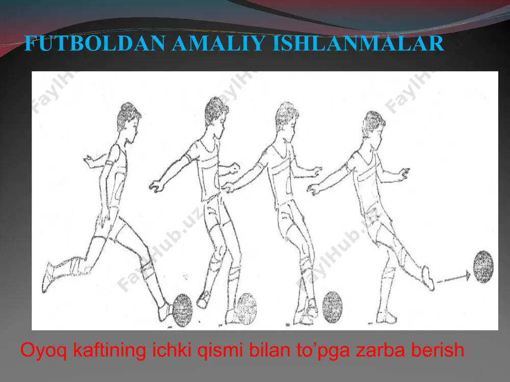 adi. huquqiy joylashuv jixatidan o’zbekiston futbol federasiyasi osiyo futbol konfederasiyasi (ofk) tarkibiga kiradi. fifaning tashkiliy negizini 6 qit’aning tashkilotidan iborat. bolalar: uyefa – yevropa ittifoqi futbol uyushmasi, konkakaf – shimoliy va markaziy amerika mamlakatlari hamda karib dengizi havzasi mamlakatlarining futbol knferensiyasi, konmevol – janubiy amerika mamlakatlari futbol konferensiyasi, kaf – afrika futbol konferensiyasi, afk – osiyo futbol konferensiyasi, kfo – okeaniya futbol konferensiyasidir. fifaning oliy organi kongressdir. fifaning joriy faoliyatini ijoiya qumita bilan bir qatorda yana bir necha maxsus qo’mitalar boshqarib boradi. ular quyidagilardir: favqulodda holatlar, moliyaviy, jahon kubogini o’tkazish bo’yicha, olmpiya turnirlari, o’smirlar chempionatlari, hakamlar, texnik, intizom, tibbiy va h.k. qo’mitalardir. fifa ning asosiy vazifasi xududlarda futbol rivojlanishini nazorat qilish va molliy va uslubiy yordam ko’rsatish, nizom va qarorlar, o’yin qoidalarining buzilishini oldini olish bo’yicha kerakli choralar ko’rish, irqiy, siyosiy va diniy sabablarga asosan kamsitilishga yo’l qo’ymaslikdir. 3.zamonaviy futbol tavsifi, texnikasi va taktikasi. mutaxassislarimiz tadqiqotlari bizga o’yinchilarning to’p bilan …