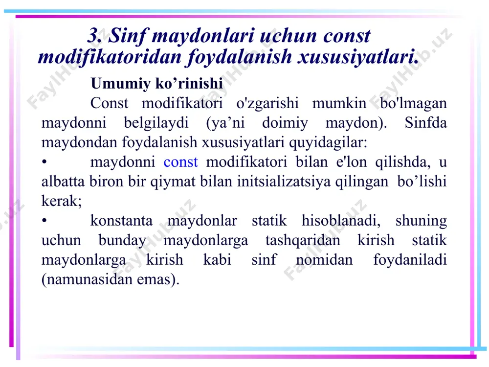turgagi count o'zgaruvchisi. ushbu o'zgaruvchi massivda fiksirlangan elementlar sonini aniqlaydi. ushbu o'zgaruvchining qiymati kelishuv bo'yicha 5 ga teng deb o'rnatiladi. sinf istalgan konstruktorida bu qiymatni faqat bir marta o'zgartirish mumkin. sinfning boshqa metodlarida count o'zgaruvchisining qiymatini o'zgartirib bo’lmaydi; double turidagi ichki defaultvalue o'zgaruvchi readonly modifikatori bilan e'lon qilingan. o'zgaruvchi kelishuv bo'yicha unga yuklangan massiv elementlarining qiymatini belgilaydi. ushbu o'zgaruvchidan foydalanish qoidalari count o'zgaruvchisi bilan bir xil; 13 6. readonly modifikatorini sinfda ishlatishga misol ikkita parametrga ega myarrayfixed() konstruktori. ushbu konstruktor sinfning readonly maydonlari qiymatini bir marta hosil qiladi. shuningdek, konstruktorda array massivi uchun xotira ajratiladi va elementlariga defaultvalue-ning qiymati o'rnatiladi; bitta parametrli myarrayfixed() konstruktori. ushbu konstruktor ikkita parametrga ega bo'lgan boshqa konstruktorga yo'naltiriladi; setdefaultvalue() metodi, bunda faqat defaultvalue readonly maydonining qiymatini o'zgartirishga urinish izohlanadi. agar satrda izoh olib tashlansa, kompilyator xatolik haqida ma’lumot beradi. 14 6. readonly modifikatorini sinfda ishlatishga misol misolning console application turidagi dasturining matni quyidagicha: using system; …