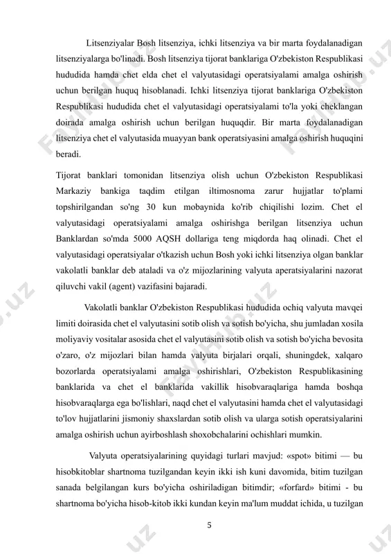 ni bank oborotida valyutalaming nechta turlari bo'lsa, shuncha bosh kitoblar yuritiladi. har bir bkda bank operatsiyalari hisobining to'liq yuritilishini ta'minlash uchun zarur bo'lgan miqdorda balans hisobvaraqlari ochiladi. har bir balans hisobvarag'ida analitik hisobni tashkil qilish uchun esa, o'z navbatida, operatsiyalar turlari va boshqa belgilar bo'yicha kerakli miqdordagi yordamchi kitoblar ochiladi; - har bir valyuta turi bo'yicha ikkita hisobvaraq yuritiladi: 17101- “valyuta pozitsiyasi hisobvaraqlari” - «valyuta pozitsiyasi hisobvaraqlari» va 17101- “valyuta pozitsiyasi hisobvaraqlari” - «valyuta pozitsiyasi hisobvaraqlarining so'mdagi ekvivalenti». valyuta pozitsiyasi hisobvaraqlari bankning chet el valyutasidagi aktivlari yoki majburiyatlari bo'lib hisoblanmaydi, balki bankning aktivlari va majburiyatlari o'rtasidagi farqni aks ettiruvchi nazorat hisobvaraqlaridir. pozitsiya hisobvaraqlari bo'yicha buxgalteriya yozuvlari faqat valyuta ayirboshlash operatsiyalarida, chet el valyutasida olingan daromad va xarajatlami so'm ko'rinishida konvertatsiyalashda, chet el valyutasiga asosiy vositalar sotib oldinganda va ayirboshlash operatsiyalarida amalga oshiriladi; - operatsion kun oxirida valyuta pozitsiyasining so'mdagi ekvivalenti hisobvaraqlari valyutadagi pozitsiya hisobvaraqlari bilan taqqoslanadi, aniqlangan farq esa shu …