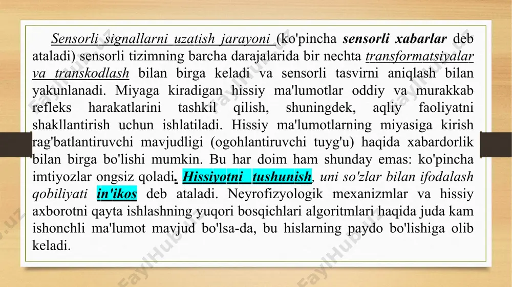 lash bilan kengaytirilishi bilan bog'liq. sezgi va uning sensor tizimlardagi xususiyatlari. sezgining nerv-fiziologik mexanizmlari ma'lumki bizni o’rab to`rgan tashqi olamdagi narsa va hodisalarning juda ko’p belgi va xususiyatlari mavjud. masalan, narsalarning rangi, ta'mi, hidi, qattiq yoki yumshoqligi, g’adir-budur yoki tekisligi, harorat va boshqalar. ana shu narsa va hodisalarning turli xil belgi, xususiyatlarini biz ham turlicha sezgi a'zolarimiz orqali ongimizda aks ettiramiz. tevarak-atrofimizdagi narsa va hodisalarning turli xil belgi hamda xususiyatlari har doim ham bizning sezgi a'zolarimizga ta'sir etib turadi. natijada bizda turli sezgilar hosil bo’ladi. chunonchi, nurlarning ko‘zimizga ta'sir qilishi natijasida ko’rish sezgisi, har xil tezlik va kuchlanishdagi havo to’lqinlarining quloqimizga ta'sir etishi natijasida eshitish sezgisi, nafas olish paytida havo bilan birga burun bo’shlig’iga kirgan har turli modda zarrachalarining ta'siri natijasida hid sezgisi, biror narsani qo’limiz yoki badanimizga tegib ta'sir etish natijasida teri (taktil - biror narsaning terimizga tegishi) yoki bosim sezgisi va shu kabi sezgilar har doim hosil bo’ladi. …
