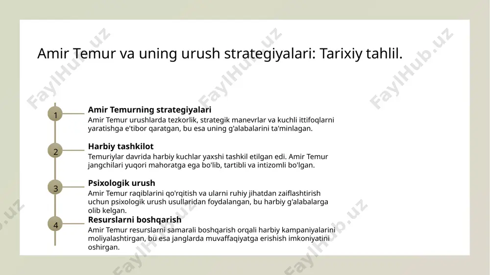 ning shaxsiy yetakchiligida amalga oshirildi va samarali boshqaruvni ta'minladi. 2 ijtimoiy qatlamlar imperiya, ijtimoiy qatlamlarga asoslangan edi; urushchilar, savdogarlar va dehqonlar o'rtasidagi muvozanat, iqtisodiy rivojlanishni ta'minladi. 3 ta'siri va merosi temuriylar davlat boshqaruvi ta'siri, keyingi davrlarda ham ko'rinadi. ularning qonunlari va boshqaruv tamoyillari zamonaviy o'zbekistonni shakllantirishda muhimdir. temuriylar davrida madaniyat va ilm-fanning rivoji. 01 madaniyat rivoji temuriylar davrida madaniyat yuqori darajada rivojlandi. san'at, adabiyot va me'morchilikda yangi uslublar paydo bo'ldi, shuningdek, mashhur shoirlar va san'atkorlar yetishib chiqdi. 02 ilm-fan yutuqlari amir temur davrida ilm-fan keng tarqaldi. astronomiya, matematika va tibbiyot sohalarida ko'plab asarlar yaratildi, ulardan biri ulug' alloma ulugh begning ishlari. 03 madaniy meros temuriylar imperiyasining madaniy merosi bugungi kunda ham saqlanib qolmoqda. samarqand va buxoro shaharlaridagi me'moriy yodgorliklar va ilmiy markazlar bu davrni yodga oladi. temuriylar imperiyasining merosi: tarixiy izlar va zamonaviy ta'sir. 01 temuriylar merosi temuriylar imperiyasi, amir temur va uning avlodlarining buyuk ishlari natijasida, san'at, me'morchilik va …