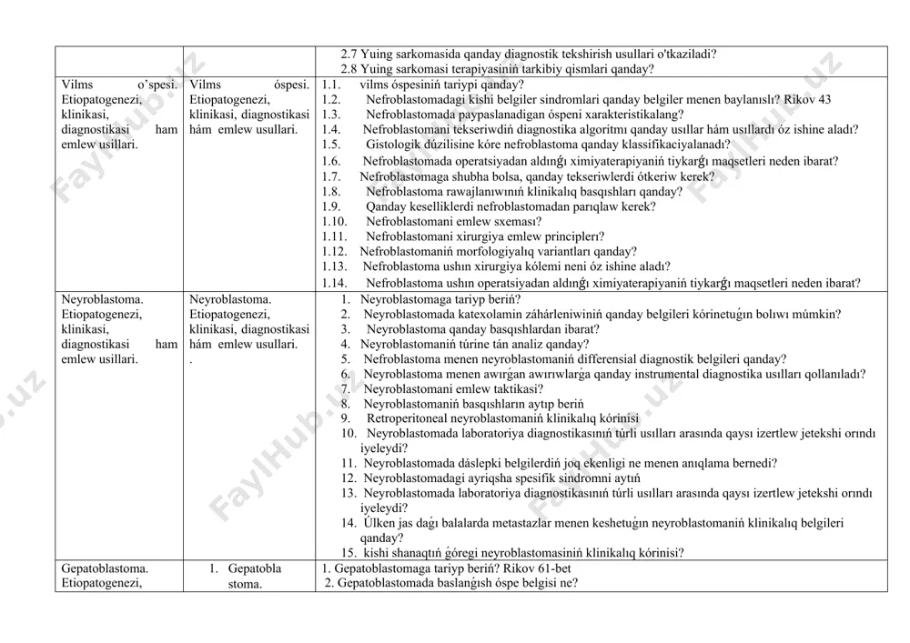 asi. etiopatogenezi, klinikasi, diagnostikasi ham emlew usillari. xodjkin limfomasi. etiopatogenezi, klinikasi, diagnostikasi ham emlew usillari. 2. nexodjkin limfomasi. etiopatogenezi, klinikasi, diagnostikasi ham emlew usillari. 1. 1. xodgkin limfomasiniń zamanagóy klassifikaciyası? 1. 2. xodgkin limfomasi rawajlanıwınıń dáslepki basqıshlarında qanday belgiler ústinlik etedi? 1. 3. xodgkin limfomasiniń belgileri qanday? 1. 4. xodgkin limfomasiniń túrine tán simptom ne? 1. 5. xodgkin limfomasi ushın ximiyaterapiya dárilerin sanap beriń? 2. 1. no xodjkin limfomaniń klinikalıq kórinisi qanday? 2. 2. no xodgkin limfoma t-limfoma menen qanday dawam etedi? 2. 3. no xodjkin limfomada tásirlengen limfa túyinlerin xarakteristikalan? 2. 4. no xodgkin limfomani tekseriwdiń tiykarǵı diagnostik usılları qanday? 2. 5. nan-xodgkin limfomasini emlewdiń tiykarǵı komponenti? 9.su’yek qawipli o’speleri. osteogen sarkoma. xondrosarkoma. yuing sarkomasi. etiopatogenezi, klinikasi, diagnostikasi ham emlew usillari. 1. suyek qawipli o‘speleri . osteogen sarkoma. xondrosarkoma. yuing sarkomasi. etiopatogenezi, klinikasi, diagnostikasi hám davolash usullari 1.1. osteosarkomaniń tiykarǵi klinik belgisi qanday? 67 1.2. osteosaromaniń eng keng tarqalgan …
