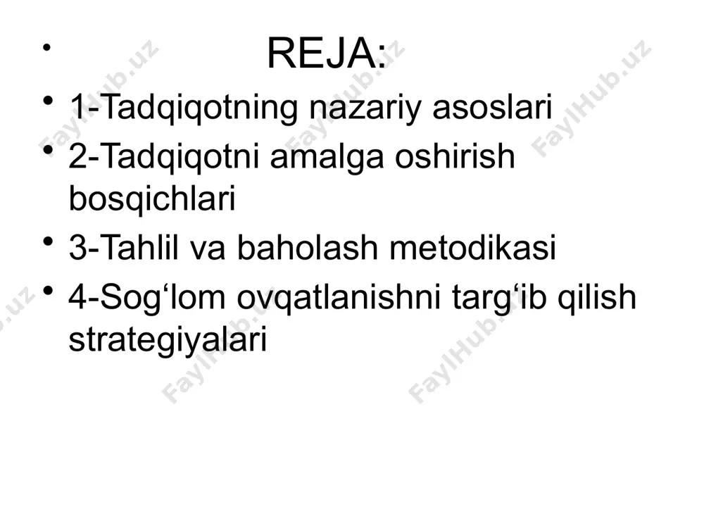 dagi muammolarni aniqlash. • sog’lom ovqatlanish bo’yicha tavsiyalar: talabalar uchun maxsus dieta va ovqatlanish rejasi ishlab chiqish. • ovqatlanish bo’yicha ta’lim dasturi: sog’lom ovqatlanishning ahamiyatini tushuntiruvchi seminarlar yoki treninglar tashkil etish. natijalarni baholash • tadqiqot natijalarini universitet rahbariyati va talabalar bilan bo’lishish. • ovqatlanish dasturlarini joriy qilish va ularning samaradorligini kuzatish. • kelajakda bu sohada doimiy monitoringni yo’lga qo’yish. bu jarayon talabalarning sog’lig’i va akademik ko’rsatkichlarini yaxshilashga xizmat qiladi. tadqiqotning muvaffaqiyati talabaning ovqatlanish holati haqida aniq tasavvurga ega bo’lish va uni muntazam kuzatishda davom etish bilan bog‘liq. talabalarning ovqatlanishini adekvatligini chuqurroq o’rganish uchun qo’shimcha ma’lumot va amaliyotlar bilan jarayonni kengaytirish mumkin. quyida ushbu mavzuni yanada chuqurlashtirish uchun qo’shimcha jihatlar keltirilgan: ovqatlanishning psixologik jihatlari • stress va ovqatlanish o’rtasidagi bog’liqlik: talabalarning o’qish jarayonidagi stress ovqatlanish odatlariga qanday ta’sir qilishi mumkinligini tahlil qilish. • emotsional ovqatlanish: stress, charchoq yoki ruhiy holat o’zgarishlariga bog’liq ravishda haddan tashqari yoki noto‘g‘ri ovqatlanish holatlarini o’rganish. talabalarning …