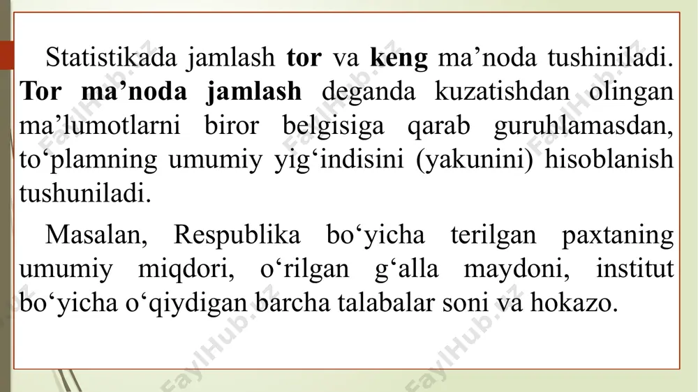 n belgilardir. guruhlash belgilari ifodalanishiga qarab 2 ga bo‘linadi. miqdoriy belgilari alternativ (sifat) belgilari statistik ma’lumotlar bir belgi yoki maqsadga muvofiq bir nechta belgilar asosida guruhlanishi mumkin. ikki va undan ortiq belgilari bo‘yicha guruhlashlar kombinatsion (aralash) guruhlashlar deyiladi. statistik ma’lumotlarni guruhlashda dastlab guruhlash oralig‘ini aniqlab olish lozim. guruhlash teng oraliqli va tengsiz oraliqli bo‘lishi mumkin. bu kuzatilgan hodisa va jarayonlar mohiyatidan, guruh soni va belgi xususiyatlariga bog‘liq. i= bu yerda: i – oraliq kattaligi (miqdori) xmax - guruhlash belgisining eng katta miqdori (varianti); xmin - guruhlash belgisining eng kichik miqdori (varianti); n - guruhlar soni. teng oraliq deyilganda barcha guruhlar uchun bir xil oraliq miqdori tushiniladi va u quyidagicha aniqlanadi. ko‘pincha guruhlar soni aniq bo‘ladi. bu kuzatish maqsadi va vazifasidan kelib chiqib, ularni to‘liq amalga oshirish uchun kerakli sonda bo‘lishi lozim. agarda guruhlarning optimal sonini aniqlash lozim bo‘lsa, unda sterdjess formulasidan foydalanamiz. n = 1 + 3,322 lg n: bu …