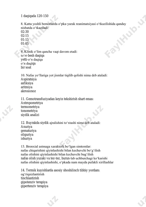 ugʻilish nafas olish yuzaki va tez-tez, burun-lab uchburchagi koʻkarishi nafas olishini qiyinlashishi, oʻpkada nam mayda pufakli xirillashlar 14. termik kuyishlarda asosiy shoshilinch tibbiy yordam: ogʻriqsizlantirish tinchlantirish gipotenziv terapiya gipertenziv terapiya 15. normada chaqaloqlarning nafas olish soni 1 daqiqada qancha: 25- 50 15- 30 18- 20 40- 60 16. yurak - oʻpka reanimatsiyasining asoratlari: qovurgʻalarning sinishi; koʻkrak qafasida qon toʻplanishi; singan qovurgʻa oʻpka, yurakni jaroxatlantirishi; jigarni ezilishi; oshqozondan qusuq massalarini qaytib chiqishi tashqi uyqu arteriyasida mexanik puls toʻlqinining paydo boʻlishi; teri rangi qizarishi; qoʻz qorachiqlarni torayishi qovurgʻalarning sinishi; koʻkrak qafasida qon toʻplinishi; singan qovurgʻa oʻpka, yurakni jaroxatlantirishi; buyraqlarni ezilishi; oshqozon qusuk massalarini qaytib chiqishi qovurgʻalarning sinishi; koʻkrak qafasida qon toʻplanishi; singan qovurgʻa oʻpka, yurakni jaroxatlantirishi; oshqozon qusuq massalarini qaytib chiqishi 17. miokard infarktini medikamentoz davolashda eng avval qoʻllaniladigan preparatlarni koʻrsating: nitratlar, antikoagulyantlar, b–adrenoblokatorlar antigistamin preparatlar a-adrenoblokatorlar strofantin, eufillin, panangin 18. gipertoniya kasalligi bilan kasallangan bemorda obyektiv tekshiruvda quyidagilar aniqlandi: pulsni tezuris, …