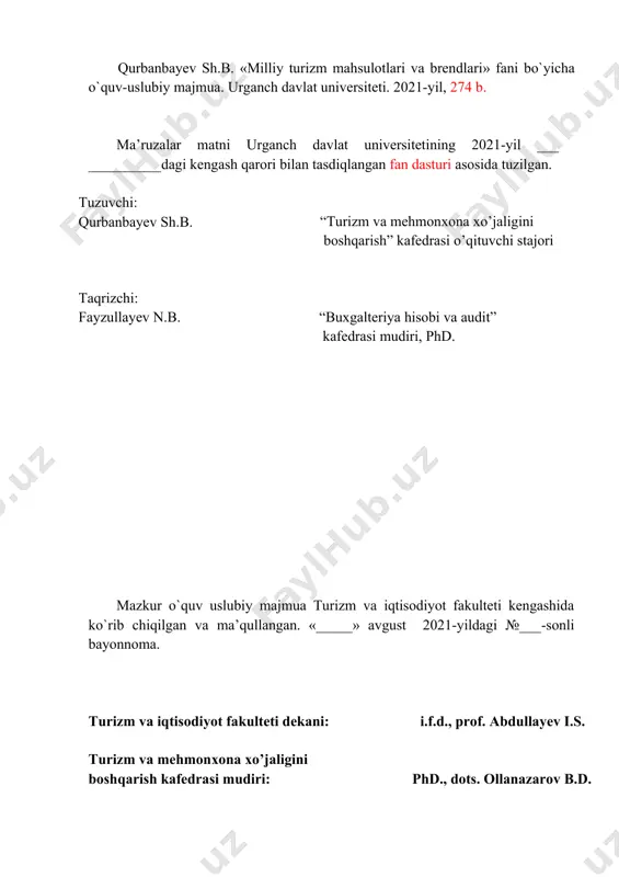 lanishlari hamda ijodiy yondashishlarini ta’minlash fanni o‘rganish oldida turgan asosiy vazifalaridan biridir. fanning maqsad va vazifalari fanni o‘qitilishidan maqsad - respublikaning milliy turizm mahsulotini yaratish, turistik tashkilot va firmalar tomonidan bir xil milliy turizm mahsulotlarni yaratish jarayonini o‘rgatishdan iborat. fanning vazifasi bo‘lib, milliy turizm mahsulotning turoperatorlar tomonidan yaratilishini amalga oshirish, milliy turizm mahsulotini yaratishda aniq iste’molchining talabini inobatga olish hamda turistik agentliklar orqali muloqot qilish haqida batafsil ma’lumot berishdan iborat. milliy turizm mahsulotlari va brendlari” fanining maqsadi va vazifalari reja 1. hozirgi vaqtda turizm sohasi rivojining asosiy yo‘nalishlari. 2. turizm mahsuloti va milliy turizm mahsuloti haqida tushuncha. 3. milliy turizm mahsuloti va brendining tashkiliy-iqtisodiy asoslari. hozirgi vaqtda turizm sohasi rivojining asosiy yo‘nalishlari. dunyo hozirgi kunga kelib shu kunga qadar bo’lmagan rivojlanish tezligini namoyon etmoqda, yangidan yangi kashfiyotlar kundalik xabarlarga aylanib qoldi. agrar soha va sanoat ishlab chiqarishdagi evalutsion rivojlanishlar shunday natijalarga olib kelyapdiki bugungi kunda birlamchi va ikkilamchi ehtiyojlar uchun …