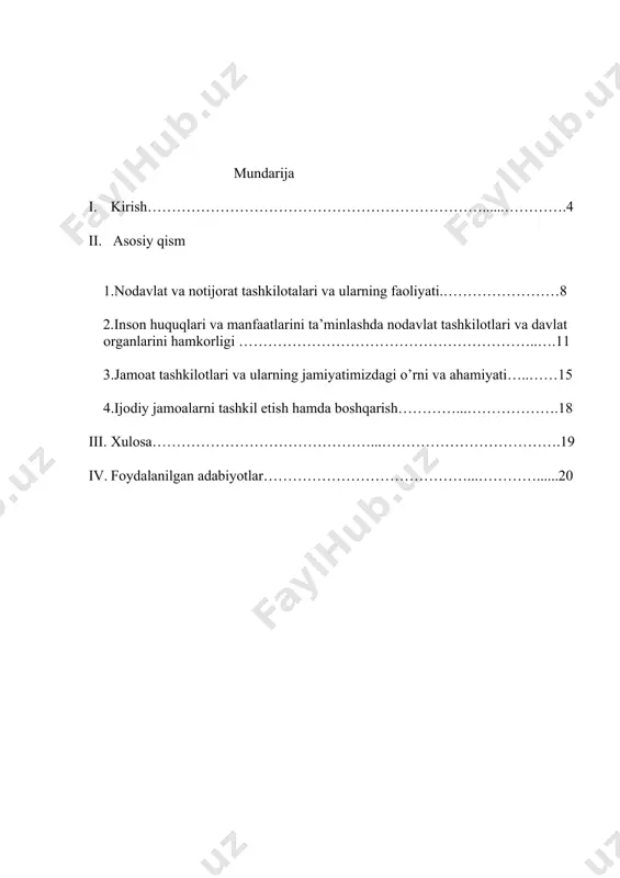 lotlari faoliyati erkinligini yanada ta’minlash maqsadida o’zbekiston respublikasi prezidentining 2018-yil 4-mayda pf-5430-son “mamlakatni demokratik yangilash jarayonida fuqarolik institutlarining rolini tubdan oshirish chora tadbirlari to’grisida”gi farmoni qabul qilindi. mazkur farmon bilan nodavlat notijorat tashkilotlariga o’z faoliyatini amalga oshirishda qator qulayliklar yaratildi. nodavlat notijorat tashkilotlariga qulayliklar yaratish va ular faoliyati erkinligini ta’minlash borasida amalga oshirilayotgan islohotlarning davomi sifatida 2021–yil 3-martda o’zbekiston respublikasi prezidentining pq – 5012 –son li “nodavlat notijorat tashkilotlarini davlat tamonidan qo’llab–quvvatlash, ularning faoliyati erkinligi, huquqlari va qonuniy manfaatlari himoya qilinishini ta’minlashga oid qo’shimcha chora tadbirlar to’grisida” gi qarori qabul qilingan. ta’kidlsh lozimki, nodavlat notijorat tashkilotlariga davlat tamonidan qulaylik va yengilliklar yaratish,ular faoliyatining erkinligini ta’minlash sohasida bosqichma –bosqich islohotlar amalga oshirilayotgan bo’lsada , davlat organlari va tashkilotlari tamonidan byudjetdan tashqari mablag’lar hisobidan nodavlat tashkilotlari uchun ajratiladigan davlat ijtimoiy buyurtmalari sonini oshirish,shuningdek nodavlat notijorat tashkilotlarini ijtimoiy ahamiyatga ega grant loyihalarini tayyorlash hamda ularni amalga oshirish bo’yicha bilim va ko’nikmalarini oshirish maqsadga …