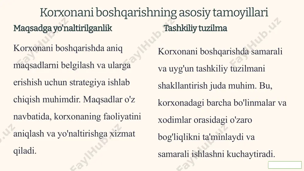hish va birgalikda ishlay olishni ta'minlaydi. 4 korxonani boshqarishning tashkiliy tuzilmalari ierarxik tuzilma: korxonada boshliqlar va bo'ysunuvchilar orasidagi aniq bo'ysunish munosabatlariga asoslangan. bu tuzilma katta va murakkab korxonalar uchun mos keladi. tarmoqli tuzilma: korxonada turli bo'linmalar bir-biri bilan hamkorlikda ishlaydi va ularning orasidagi munosabatlar tarmoqli shaklda bo'ladi. bu tuzilma moslashuvchan va innovatsion korxonalar uchun qulaydir. matritsa tuzilma: korxonada xodimlar bir necha boshliqlarga bo'ysunadi va turli loyihalarda ishtirok etadi. bu tuzilma turli loyihalarni bir vaqtda amalga oshirish va xodimlarni ko'p yo'nalishli ishlarga jalb qilish uchun mos keladi. 5 korxonani boshqarishda rahbarning roli 1 strategiya ishlab chiqish rahbar korxonaning kelajakdagi rivojlanishini rejalashtiradi, uzoq muddatli strategiyani ishlab chiqadi va aniq maqsadlar belgilaydi. 2 jamoani shakllantirish rahbar korxonaning muvaffaqiyatiga hissa qo'shadigan samarali va ilhomlangan jamoani tashkil etadi. 3 natijalarni nazorat qilish rahbar korxonaning faoliyatini kuzatib boradi, natijalarni tahlil qiladi va kerakli o'zgartirishlarni amalga oshirishni ta'minlaydi. 4 motivatsiya va rag'batlantirish rahbar xodimlarning motivatsiyasini oshirish va …