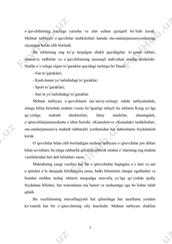 ni shakllantirishning asosiy tamoyillari jamiyatda amalga oshirilayotgan ijtimoiy islohotlarning asosi sanaladi. hozirgi davrda texnika va texnologiyalar rivojlanishini yuksak bosqichga ko‘tarish uchun ishlab chiqarishni keng ko‘lamda kompyuterlashtirish, iste'mol mahsulotlarini jahon standartlari darajasida ishlab chiqishni yo‘lga qo‘yish talab etilmoqda. bularning barchasi yuksak intellektual va jismoniy kamolotga ega bo‘lish, ishlab chiqarish jarayonlarining ilmiy-texnikaviy va iqtisodiy asoslaridan to‘laqonli xabardor bo‘lish, mehnatga ongli, ijodiy munosabatda bo‘ladigan yoshlarni tarbiyalashni taqozo etadi. bu esa, o‘z navbatida, ta'lim muassasalarida mehnat ta'limi va tarbiyasini tashkil etishga nisbatan ulkan talablarni qo‘yadi. mehnat tarbiyasining maqsadi o‘quvchilarda mehnatga ongli munosabatni shakllantirishdir. mazkur maqsadga erishish yo‘lida quyidagi vazifalarni ijobiy hal etish maqsadga muvofiq: · yosh avlodda mehnat qilish istagini qaror toptirish va ularni zamonaviy ishlab chiqarishning turli sohalarida faoliyat yuritishga tayyorlash; · o‘quvchilarda umumjamiyat manfaati yo‘lida mehnat qilish ehtiyojini hosil qilish; · ularning aqliy qobiliyatlarini rivojlantirish; · o‘quvchilarning mavjud bilimlarini uzluksiz ravishda takomillashtirib borishlari uchun zarur shart-sharoitni yaratish; · ularda mehnat ko‘nikma va …