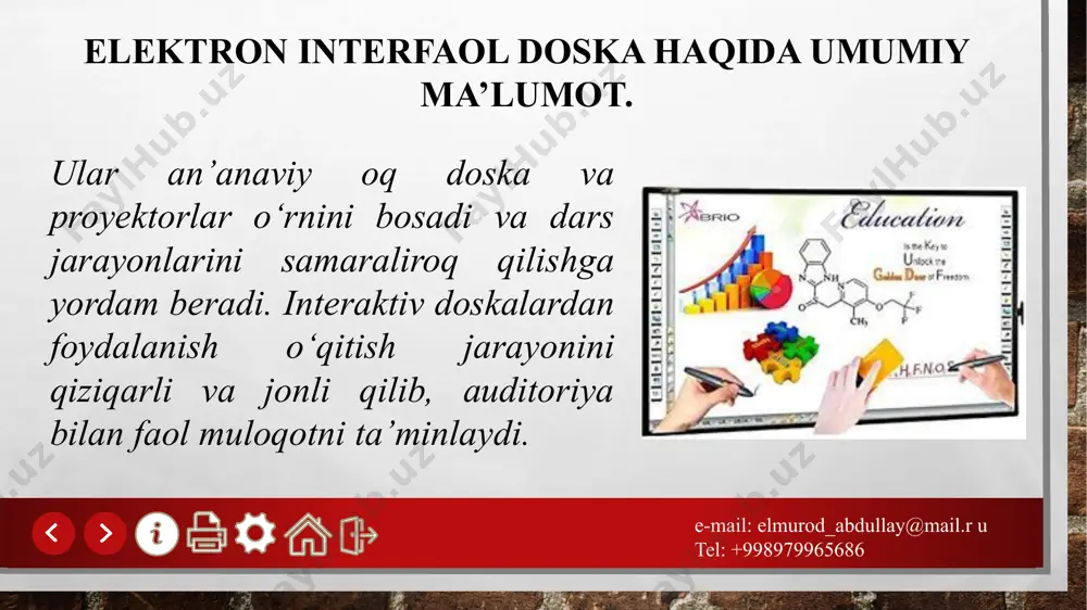 ail.r u tel: +998979965686 tavsif: infraqizil nur yordamida ishlaydi. maxsus infrared senzorlar panelning atrofida joylashgan va ular sensorli harakatlarni aniqlaydi. afzalliklari: odatda arzonroq bo‘ladi va bir necha foydalanuvchi ishlatishi mumkin. shuningdek, katta hajmdagi doskalarda ham qo'llaniladi. qo'llanishi: keng sinfxonalar, o'quv markazlari va katta majlis zallari. 3. ultratovushli interaktiv doskalar e-mail: elmurod_abdullay@mail.r u tel: +998979965686 tavsif: ultra tovush texnologiyasi infraqizil va lazerli datchiklar yordamida teginishlarni aniqlaydi va ular orqali aniqlangan harakatlar elektron tizimga yuboriladi. afzalliklari: rasm, video, hujjatlar va grafikalarni bir vaqtning o‘zida ishlatishga imkon beradi, bu ta’lim va ish jarayonlarini boyitadi. qo'llanishi: sinf xonalari, ofislar va taqdimot xonalarida keng qo‘llashga mo‘ljallangan joylarda. 4. elektromagnit interaktiv doskalar e-mail: elmurod_abdullay@mail.r u tel: +998979965686 maxsus elektromagnit maydon yordamida ishlaydi, bu maydon faqat maxsus qalam yoki ruchka yordamida aniqlanadi. afzalliklari: ancha aniq va ko‘p vazifali funksiyalarga ega. asosan ta'lim va biznesda, maxsus rasm yoki grafika ishlash talab qilingan joylarda ishlatiladi. qo'llanishi: arxitektorlar, dizaynerlar, muhandislar …
