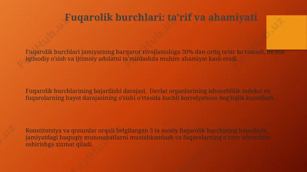 to'plashi orqali fuqarolarning ishtirokini oshirishi mumkin, bu esa hukumatning vakilligini kuchaytiradi. mustaqil kuzatuvchilarning tahlillariga ko'ra, siyosiy partiyalar faoliyati va fuqarolarning ishtiroki o'rtasidagi korrelyatsiya koeffitsiyenti 0,6 atrofida. fuqarolarning 70% dan ortig'i siyosiy partiyalarga a'zo bo'lmagan holda ham, referendumlar va mahalliy kengashlarga faol ishtirok etishlari orqali siyosiy jarayonlarga ta'sir ko'rsatishi mumkin. oav va fuqarolik jamiyati fuqarolik jamiyati tashkilotlari sonining o'sishi va ularning oav orqali samarali hamkorligi 20% ga yaqin ijtimoiy muammolarni hal qilishga yordam beradi. oav orqali tarqatiladigan axborotlarning 70% dan ortig'i fuqarolarning huquqiy savodxonligini oshirishga va davlat organlari bilan o'zaro munosabatlarni yaxshilashga qaratilgan. oav fuqarolik jamiyati institutlarining faoliyatini yoritish orqali, taxminan 50% ga yaqin aholini qamrab oladigan, jamoatchilik fikrini shakllantirishda muhim rol o'ynaydi. iqtisodiyotning jamiyatdagi roli davlatning iqtisodiy siyosati, yalpi ichki mahsulot (yaim) o'sishini 5% ga oshirish orqali, aholining 20% qashshoqlik chegarasidan chiqishini ta'minlashga qaratilgan bo'lishi kerak. iqtisodiyot, jamiyatning barqaror rivojlanishi uchun zarur bo'lgan 3 asosiy omil – ishlab chiqarish, taqsimot …