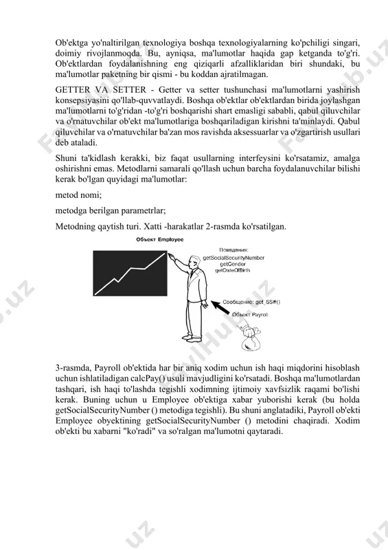 narsani ifodalaydi. protsedurali tillarda xatti-harakatlar protseduralar, funktsiyalar va kichik dasturlar bilan belgilanadi. obyektga yo'naltirilgan dasturlash terminologiyasida ob'ektlarning xatti-harakatlari metodlarda mavjud bo'lib, unga xabar yuborish orqali usul chaqiriladi. e'tibor bering, bizning employee misolimizda, xodimlar ob'ektining zarur xatti-harakatlaridan biri - har xil atributlar uchun qiymatlarni o'rnatish va qaytarishdir. shunday qilib, har bir atributda setgender () va getgender () kabi mos usullar bo'ladi. bunday holda, boshqa ob'ektga bunday ma'lumot kerak bo'lganda, u xodim ob'ektiga xabar yuborishi va uning gender atributining qiymatini bilib olishi mumkin. ob'ektga yo'naltirilgan texnologiya boshqa texnologiyalarning ko'pchiligi singari, doimiy rivojlanmoqda. bu, ayniqsa, ma'lumotlar haqida gap ketganda to'g'ri. ob'ektlardan foydalanishning eng qiziqarli afzalliklaridan biri shundaki, bu ma'lumotlar paketning bir qismi - bu koddan ajratilmagan. getter va setter - getter va setter tushunchasi ma'lumotlarni yashirish konsepsiyasini qo'llab-quvvatlaydi. boshqa ob'ektlar ob'ektlardan birida joylashgan ma'lumotlarni to'g'ridan -to'g'ri boshqarishi shart emasligi sababli, qabul qiluvchilar va o'rnatuvchilar ob'ekt ma'lumotlariga boshqariladigan kirishni ta'minlaydi. qabul qiluvchilar va o'rnatuvchilar …