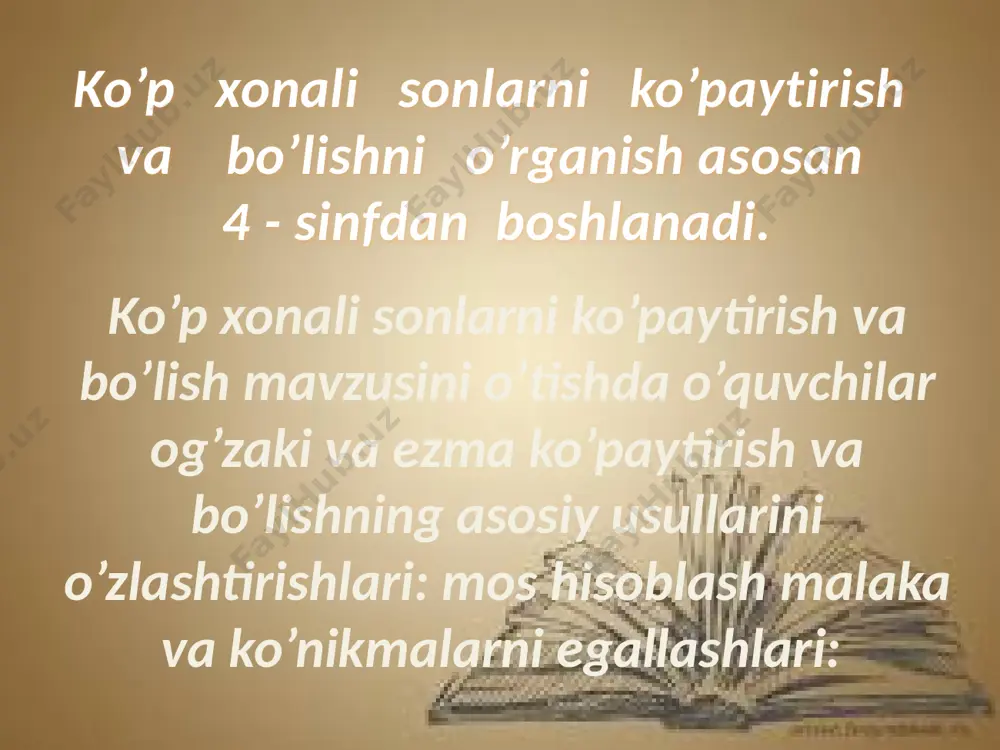 ta tеng qismga bo’lingan. 3. bеrilgan 32 sоnini оldin ikkinchi ko’paytuvchi 4 ga bo’lish va natija 8 ni birinchi ko’paytuvchi 2 ga bo’lish mumkin, 4 hоsil bo’ladi. bunday usullar bilan bеrilgan masala va misоllar darslikda ko’plab uchraydi. e’tiboringiz uchun rahmat! image1.jpeg image2.jpeg image3.jpeg image4.png image5.jpeg image6.jpeg image7.jpeg image8.jpeg image9.jpeg image10.jpeg image11.jpeg image12.jpeg image13.jpeg image14.jpeg image15.jpeg image16.jpeg image17.jpeg image18.jpeg image19.jpeg image20.jpeg image21.jpeg image22.jpeg image23.jpeg image24.jpeg