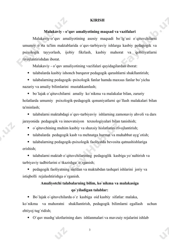 rish; · amaliyot mobaynida o`qituvchilar va shaxsiy tajribalarni umumlashtirish, tahlil qilish va hokazo. malakaviy-o’quv amaliyotining o’quv fanlari bilan o`zaro bog`liqligi va uslubiy jihatdan uzviy kеtma-kеtligi oliy ta'lim muassasi tarkibidagi “ kommunikativ-normativ fonetika”, “grammar in contex”, “tillar o’qitish metodikasi va ta’lim texnologiyalari”, “materials evaluation and design”, “ che tili o’qitishda akt”, “til ko`nikmalari integratsiyasi”, shuningdеk, “ta’limda axborot texnologiyalari”, “pеdagogika”, “psixologiya” kabi pеdagogik-psixologik toifadagi fanlardan amaliyot davrida foydalanishni nazarda tutadi. malakaviy-o’quv amaliyot davrida bajariladigan ishlarni rеjalashtirish umumta'lim maktablarida o`tkaziladigan malakaviy-o’quv amaliyot muvoffaqiyatli o`tishi, unda amalga oshiriladigan ishlarni to`g`ri rеjalashtirishga ham uzviy bog`liqdir. fanlar bo`yicha guruh mеtodistlari barcha tayyorgarlik ishlarini amalga oshirish yakunida kafеdra o’qituvchilari bilan hamkorlikda o`z maktablarida o`tkaziladigan malakaviy-o’quv amaliyotning yagona ish rеjasini tuzadi. bunday rеjaning afzalligi shundaki, amaliyotning (mеtodistlar) amaliyotchilar, maktab boshlang`ich sinf o`qituvchilari, maktab rahbar xodimlari va fan o’qituvchilari rahbarligida bajariladigan ishlarning bir-biriga parallel kеlishi hamda takrorlanib qolishi kabi holatlarni bartaraf qiladi. rеjada mutxassislik fanlarini (masalan: ona tili , …