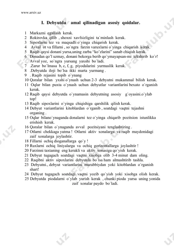 k. 25 debyutda piodalarni o`ylab yurish kerak , chunki pioda yursa uning yonida zaif xonalar paydo bo`ladi. ii. mettilshilda qanday o`ynash kerak. 1. debyut tugagach soatdagi vaqtni xisobga olib 2-3 minut dam oling. 2. debyut tugagach o`yin pozitsiyasiga ba`ho berish. pozitsiyaga ba`ho berishni `murabbiydan yoki shaxmat kitoblaridan o`rganing . 3. pozitsiyasi yaxshi tamon xujim rejasini tuzishi kerak. (to`gri xujum rejasini rejasini tuzishni o`rganing.) 4. pozitsiyasi yomon tomon ximoya choralarini ko`rishi, ximoya rejasini tuzishi kerak. 5. pozitsiya teng bo`lsa har ikki tamon pozitsiyani yxshilovchi manyovurlar qilish kerak. 6. sipoxlarni markazlashtirish va aktivlashtirish kerak. 7. ochiq liniyalarni rux bilan egallashva liniya bo`yicha xujum qilish kerak. 8. ochiq liniyani fil va farzin bilan egallash kerak. 9. mettilshipilda taktik usullarni albatda qo`llash kerak. 10. shohni xafsizligini taminlash kerak. 11. raqib shohi qalasini buzing. 12. mittilshipilda taktika birinchi o`rinda turadi. 10 ta taktikani yoddan biling. 13. mettilshipilda albatta reja tuzib o`ynang. 14. raqib rejasini albatta …