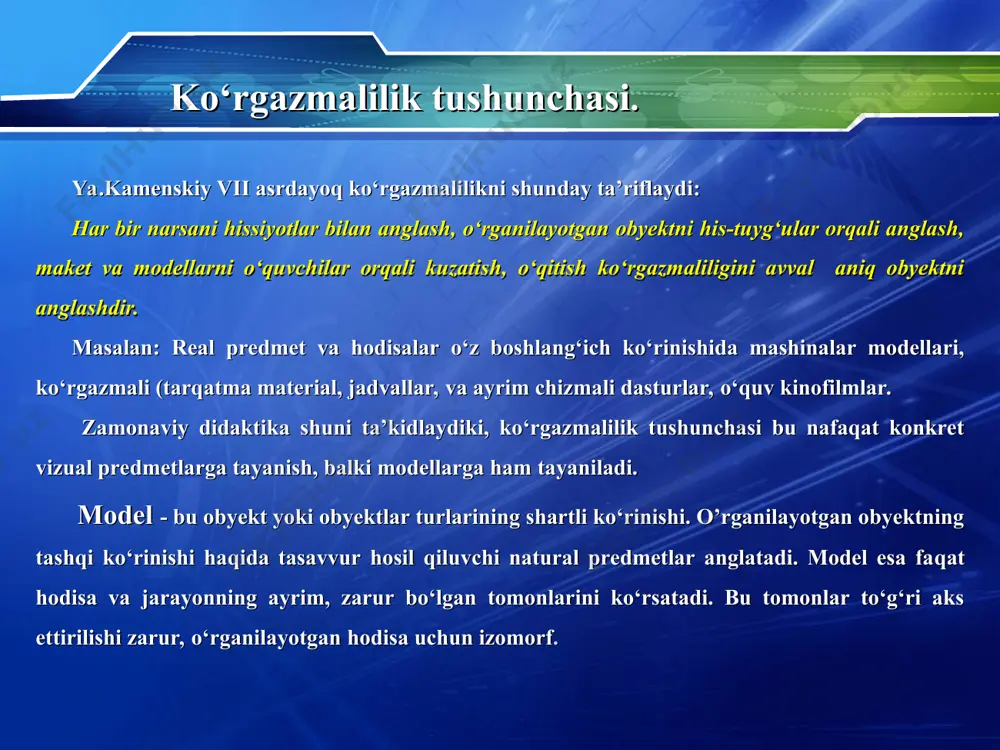 ish mumkin. elektron o‘quv nashr – ilmiy malakaviy bilimlar maydonida tizimlashtirilgan materiallarda tashkil topgan bo‘lib, bu maydonda o‘quvchi, studentlarning bilimlarini faol ravishda o‘stirib borish ta’minlanadi.elektron o‘quv qo‘llanma yuqori darajada foydalanish va badiiy ko‘rgazmaga mo‘ljallangan bo‘lib, to‘liq axborot, metodik ko‘rsatmalar sifati, texnik foydalanish sifati, aniqlik, mantiqiylikka ega. elektron darsliklarning bir qancha ko’rinishlari yoxud konstruktiv shakllari: elektron darslikni yaratishning asosiy prinsplari : kvantlilik prinspi: ma’lumot to’plamini hajmi kichik bo’lgan mundarijali modullardan iborat bo’lgan bo’limlarga bo’lish to’liqlilik prinspi:har bir model ushbu komponentlarga ega bo’lishi kerak. nazariy asos nazariya bo’yicha nazorat savollari misollar mustaqil ishlash uchun topshiriq va mashqlar butun modul bo’yicha nazorat savollari (javoblari bilan) nazorat ishi kontekst ma’lumotnoma (help) ko’rish prinspi: har bir modul yangi atamalarniva tushunchalarni tushunish va eslab qolish uchun kam miqdordagi matn va vizualizatsiyalarga ega bo’lishi lozim. tugun prinspi: foydalanuvchiga bir moduldan boshqasiga o’tish imkonini beruvchi gipermatnlarni bog’lash ; boshqarish prinspi: foydalanuvchi ekranda istalgan miqdordagi namunalar (illustratsiya, tushuncha, keltirilgan …