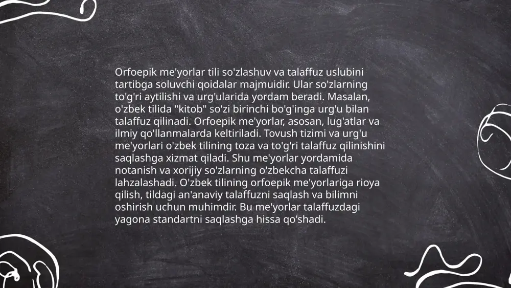 a muhim rol o'ynaydi. bu me'yorlar adabiy tilning so'z boyligini tanlash va foydalanishda qo'llaniladi. leksik me'yorlar asosida so'zlarning adabiy, stilistik va ekspressiv ma'nolari inobatga olinadi. masalan, sinonimlar tanlovida stilistik qoidalar muhimdir. o'zbek tilidagi leksik me'yorlar 1917-yildagi inqilobdan so'ng shakllana boshladi va 1989-yilda o'zbek tili davlat tili sifatida e'tirof etilgach yanada rivojlandi. leksik me'yorlar milliy o'ziga xoslikni saqlagan holda zamonaviy til talablariga moslashishiga yordam beradi. bu me'yorlar 50 dan ziyod lug'atlarda aks etgan bo'lib, ularning asosiy vazifasi til me'yorini standartlashtirish va ko'pchilik tomonidan qabul qilinishini ta'minlashdir. ... t.me/slaydai_bot semantik me'yorlar tilshunoslikda so'zlar va iboralarning ma'nolarini o'rganishga doir qoidalar to'plamidir. bu me'yorlar tilning to'g'ri ishlatilishini va tushunilishini ta'minlaydi. o'zbek tilidagi semantik me'yorlar, odatda, sinonimiya, antonimiya, omonimiya, va polisemiyaning aniq belgilanishi orqali amalga oshiriladi. masalan, sinonimlar bir xil yoki o'xshash ma'nodagi so'zlar bo'lib, ularning ma'nodagi mayda farqlarini ajratib ko'rsatish muhimdir. antonomiya qarama-qarshi ma'noli so'zlarni o'rganadi. semantik me'yorlar matn va nutqning aniq va mantiqiy …
