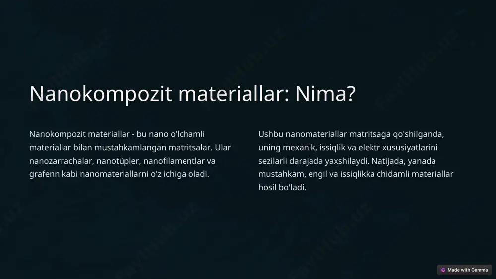 rishga va iqtisodiy o'sishga hissa qo'shadi. salbiy ta'sir ba'zi nanomateriallarni ishlab chiqarish va ularning xavfsizligi borasida muammolar mavjud bo'lib, bu ularning atrof-muhitga ta'sirini va sog'liqqa ta'sirini ko'rib chiqishni talab qiladi. qiyinchiliklar nanokompozit materiallarni ishlab chiqarish xarajatlari va texnologiyasi rivojlangan bo'lib, bu ularni keng miqyosda qo'llashda ba'zi qiyinchiliklar yaratadi. * nanokompozit materiallar: kelajakda nima kutmoqda? 1 texnologiyalar nanokompozit materiallarni ishlab chiqarish va qo'llash texnologiyalari yanada rivojlanib, ularning xususiyatlari va qo'llanilish sohalari kengayadi. 2 tadqiqot nanokompozit materiallar haqida tadqiqotlar davom etib, ularning xavfsizligi va atrof-muhitga ta'siri chuqur o'rganiladi. 3 qo'llanilish nanokompozit materiallar ko'plab sohalarda, shu jumladan, transport, energiya, elektronika va tibbiyotda keng qo'llaniladi. 4 boshqarish nanokompozit materiallarning ishlab chiqarishi va qo'llanilishi etarli darajada boshqarilib, ularning xavfsizligi va atrof-muhitga ta'siri nazorat qilinadi. * nanokompozit materiallar: xulosa nanokompozit materiallar kelajakning o'ziga xos texnologiyalaridan biridir. ular turli xil sohalarda o'zining ahamiyatini oshirmoqda va bizni tobora mustahkam, engil, issiqlikka chidamli va boshqa qator afzalliklarga ega materiallar …