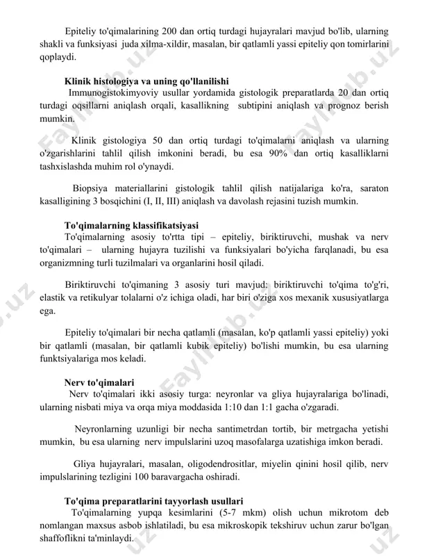 larini tahlil qilish imkonini beradi, bu esa 90% dan ortiq kasalliklarni tashxislashda muhim rol o'ynaydi. biopsiya materiallarini gistologik tahlil qilish natijalariga ko'ra, saraton kasalligining 3 bosqichini (i, ii, iii) aniqlash va davolash rejasini tuzish mumkin. to'qimalarning klassifikatsiyasi to'qimalarning asosiy to'rtta tipi – epiteliy, biriktiruvchi, mushak va nerv to'qimalari – ularning hujayra tuzilishi va funksiyalari bo'yicha farqlanadi, bu esa organizmning turli tuzilmalari va organlarini hosil qiladi. biriktiruvchi to'qimaning 3 asosiy turi mavjud: biriktiruvchi to'qima to'g'ri, elastik va retikulyar tolalarni o'z ichiga oladi, har biri o'ziga xos mexanik xususiyatlarga ega. epiteliy to'qimalari bir necha qatlamli (masalan, ko'p qatlamli yassi epiteliy) yoki bir qatlamli (masalan, bir qatlamli kubik epiteliy) bo'lishi mumkin, bu esa ularning funktsiyalariga mos keladi. nerv to'qimalari nerv to'qimalari ikki asosiy turga: neyronlar va gliya hujayralariga bo'linadi, ularning nisbati miya va orqa miya moddasida 1:10 dan 1:1 gacha o'zgaradi. neyronlarning uzunligi bir necha santimetrdan tortib, bir metrgacha yetishi mumkin, bu esa …