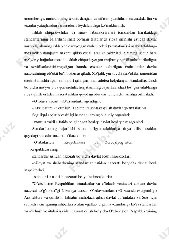 yicha davlat bosh inspektorlari; · viloyat va shaharlarning standartlar ustidan nazorati bo’yicha davlat bosh inspektorlari; · standartlar ustidan nazorati bo’yicha inspektorlar. "o’zbekiston respublikasi standartlar va o’lchash vositalari ustidan davlat nazorati to’g’risida"gi nizomga asosan o’zdavstandart («o’zstandart» agentligi) arxitektura va qurilish, tabiatni muhofaza qilish davlat qo’mitalari va sog’liqni saqlash vazirligining rahbarlari o’zlari egallab turgan lavozimlariga ko’ra standartlar va o’lchash vositalari ustidan nazorat qilish bo’yicha o’zbekiston respublikasining bosh davlat inspektorlari, ularning o’rinbosarlari esa - o’zbekiston respublikasi bosh davlat inspektorlarining muovinlari hisoblanadilar. standartlashtirish, metrologiya va sertifikatlashtirish o’zbekiston davlat markazi o’zdavstandart vorisi «o’zstandart» agentligining standartlashtirish, metrologiya va sertifikatlashtirish hududiy (regional) markazlari (smshm), arxitektura va qurilish, tabiatni muhofaza qilish davlat qo’mitalari va sog’likni saqlash vazirligi, qoraqalpog’iston respublikasi va shaharlardagi hududiy markazlarning rahbarlari o’zlarining lavozimlariga ko’ra standartlar va o’lchash vositalari ustidan davlat nazorati bo’yicha qoraqlpog’iston rsspublikasining, viloyat va shaharlarining bosh inspektorlari, ularning o’rinbosarlari bosh inspektorlarining muovinlari hisoblanadi. o’zdavstandart, arxitektura va qurilish, tabiatni muhofaza qilish davlat qo’mitalari, sog’liqni …